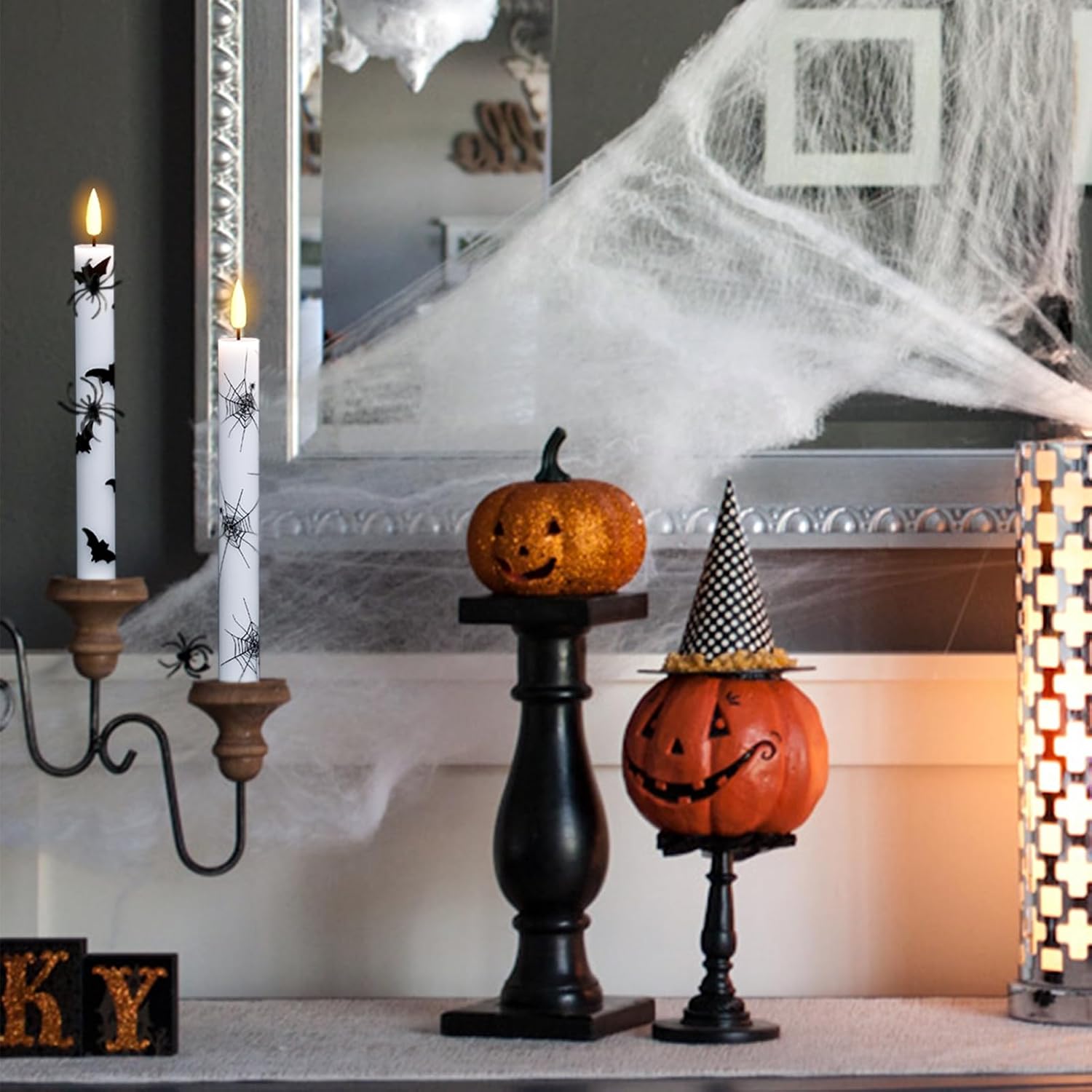 GenSwin Flameless Taper Candles with Remote Timer, 6Pcs LED Flickering Taper Candles Battery Operated Real Wax with Spider Webs/Skull/Bats Decals for Halloween Spooky Decoration (White, 0.78”x9.65”) - Image 6