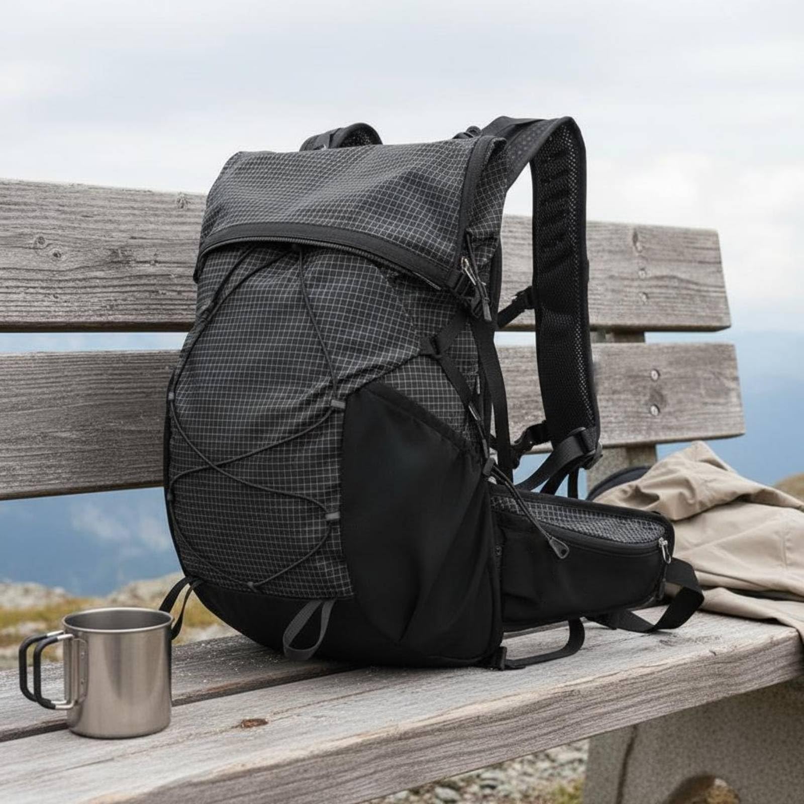 LOVIVER Outdoor Rucksack Wanderrucksack Trekkingrucksack Tagesrucksack Wasserdicht Nylon Polyester mit Rollverschluss Fächern Seitenfächern Und Pfeife für, Schwarz, Schwarz