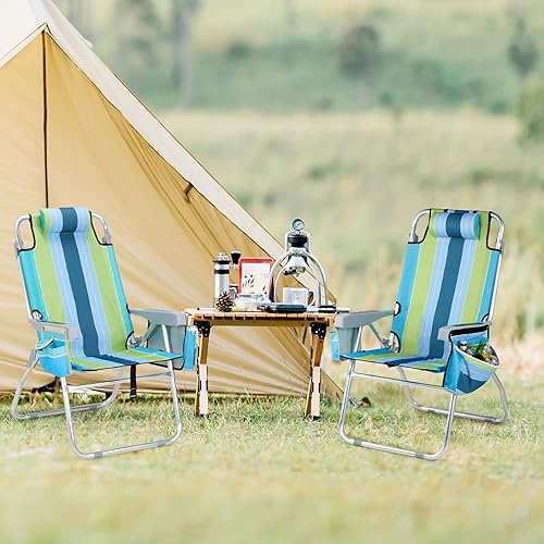 Miniatura 9 de VINGLI Silla alta de playa ligera, paquete de 2 sillas de playa ligeras para adultos con 5 posiciones, bolsa refrigeradora, portavasos, toallero,