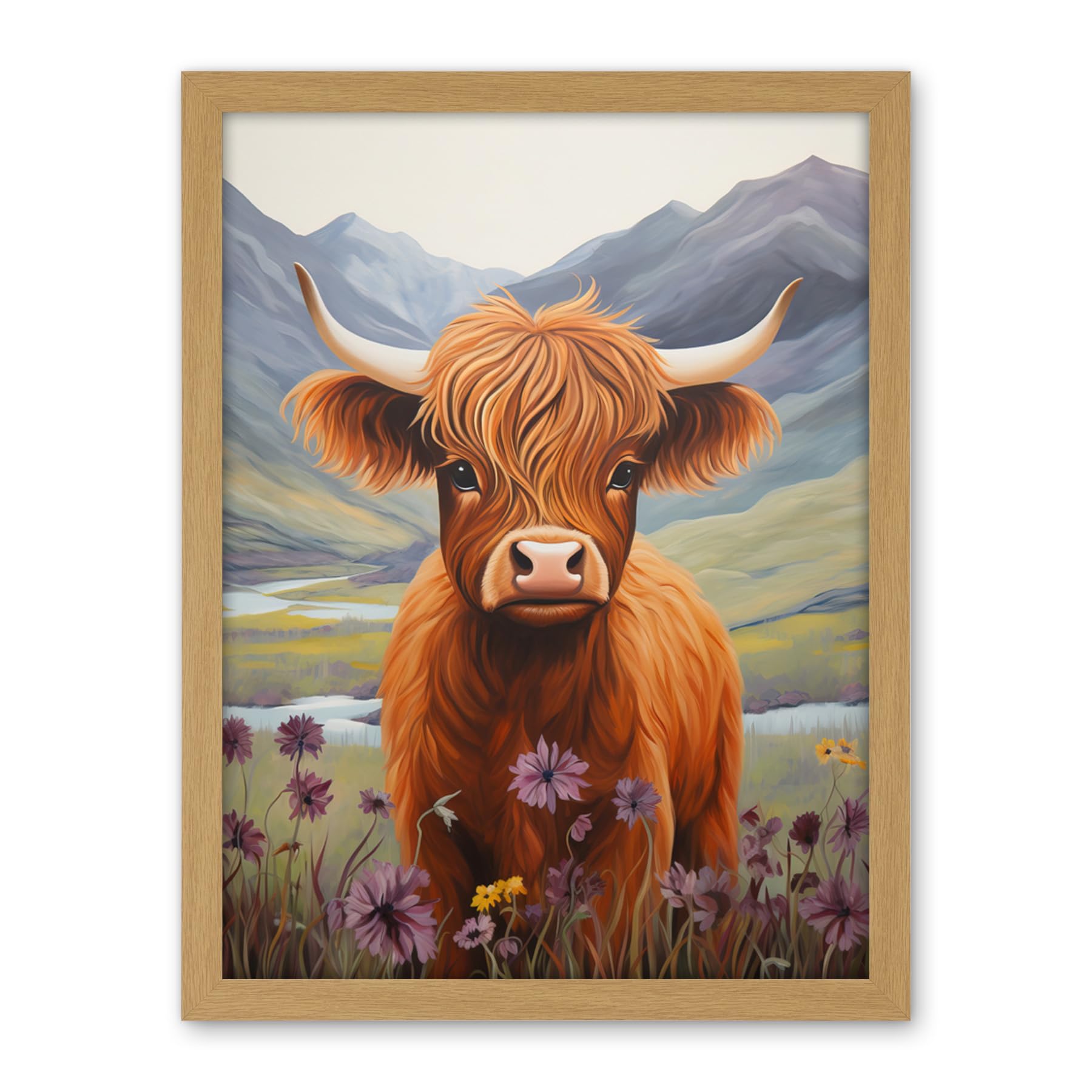 Artery8 Kids Bedroom Nursery Artwork Highland Calf Cow in Heather and Cornflower Glen Scotland Artwork Framed Wall Art Print 18X24 Inch
