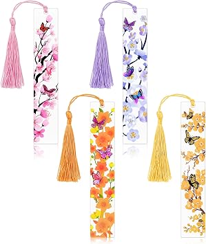 4pcs Pressed Flower Bookmarks, Transparent Acrylic Bookmark with Tassels, Butterfly Flower Theme Book Marks for Reading Women, Cute Book Marking Accessories Gift for Books Lovers4 Colors