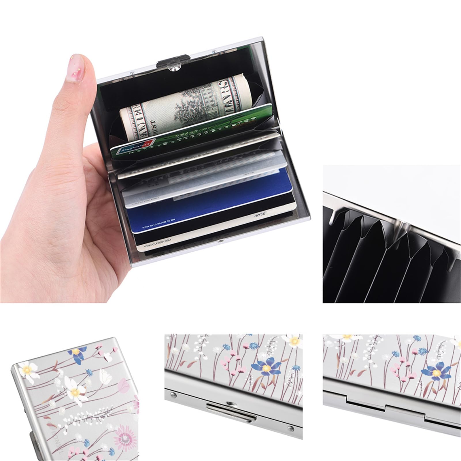 Kreditkartenetui aus Metall, RFID Blockierendes Edelstahl Kartenetui, Ultradünne Metall Geldbörse mit 6/8/10 Kartenfächern für Damen Herren. (6 Karten/Silber/Blume)