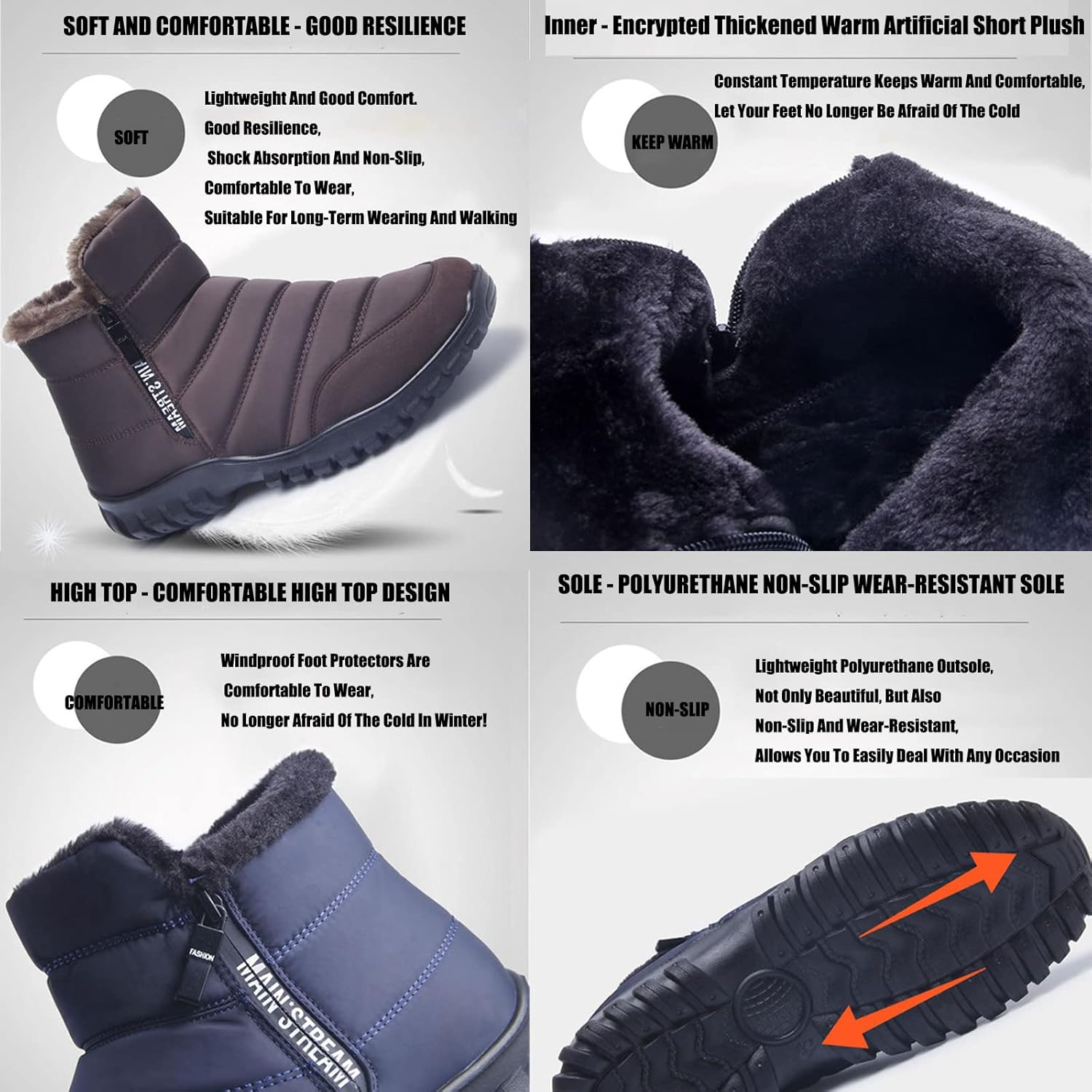 Men's Waterproof Warm Zipper Snow Ankle Boot,Winter Comfy Velvet Boots Lined Slip On Causal Walking Cotton Shoes Snow Boots