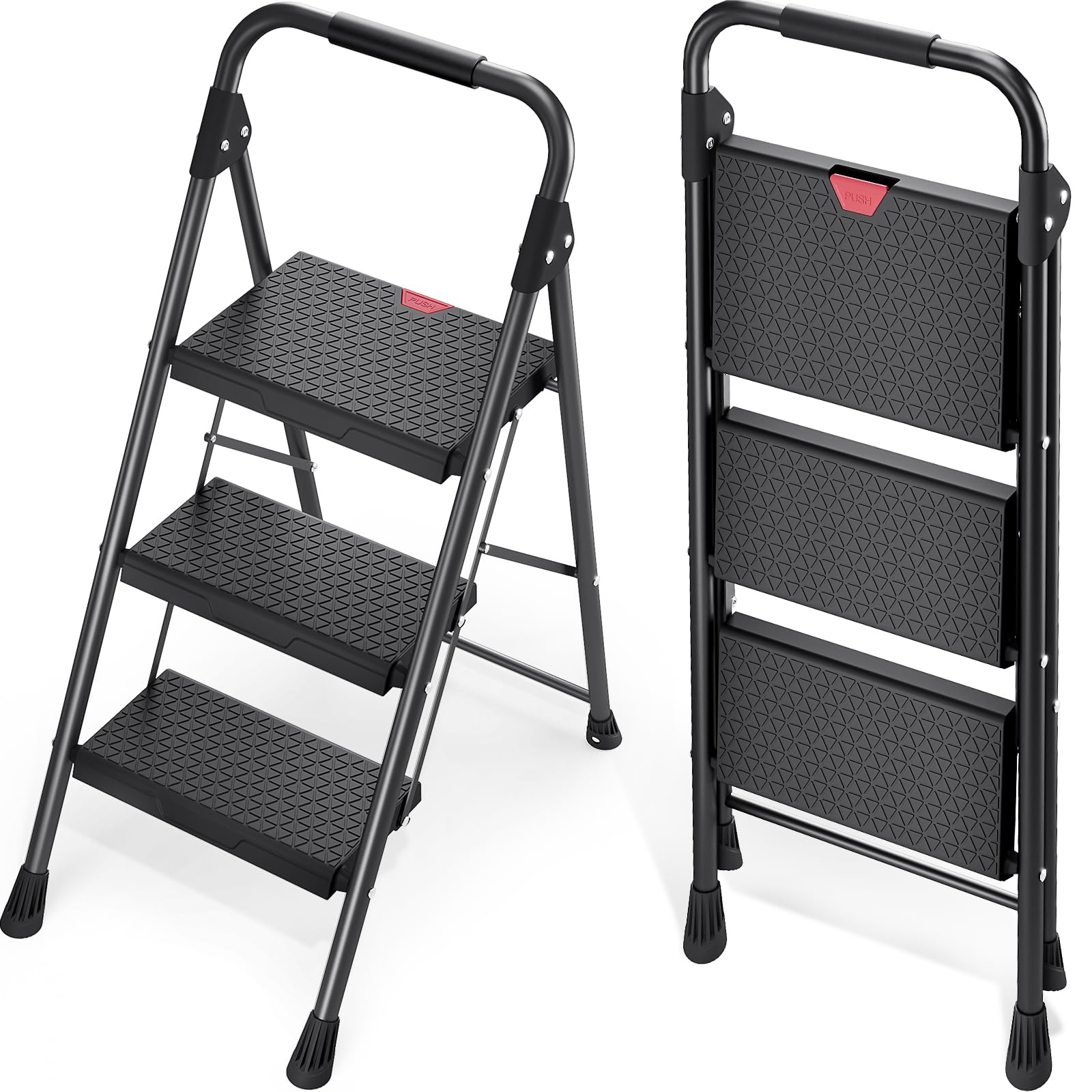 KINGRACK 3 Step Ladder, Sturdy Step Stool with Handrail, Wide Anti-Slip Pedals, 800lbs Max Load Capacity, Folding Step Stool for Home, Kitchen, Black