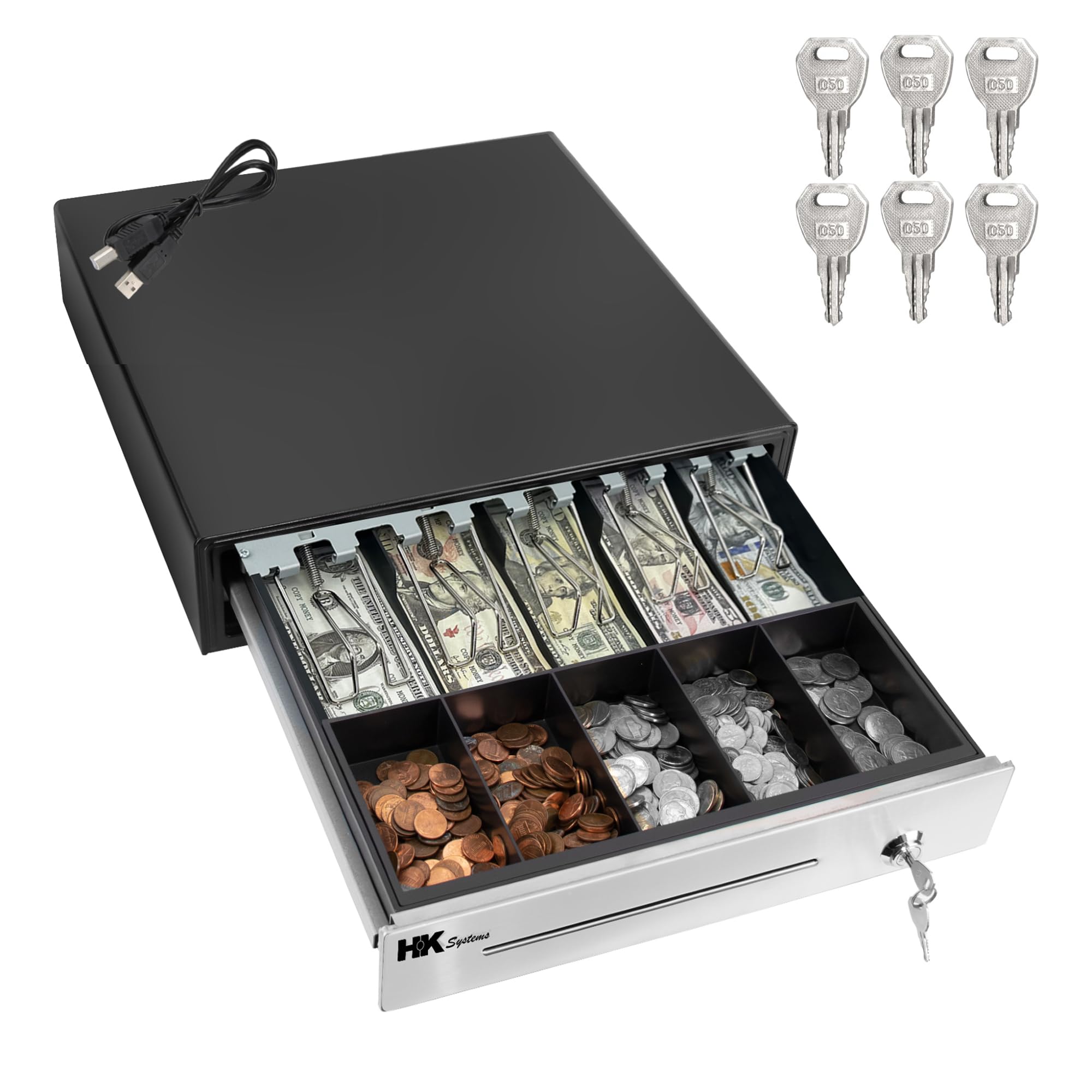 16"" Stainless Steel Front Heavy Duty POS USB Interface Cash Drawer with 5Bill/5Coin (BLACK) — image 1