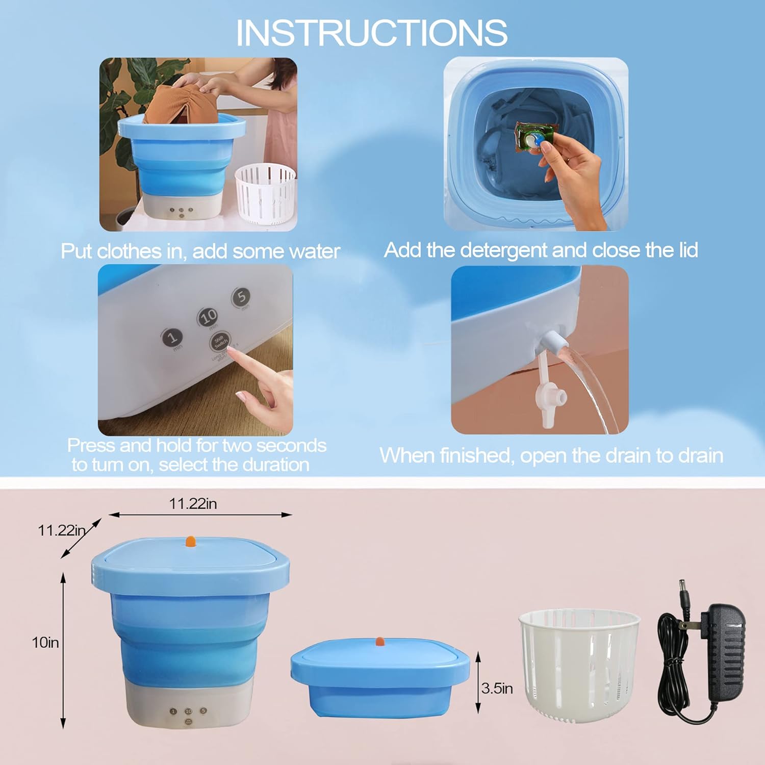 Portable Mini Folding Clothes Washing Machine for Baby Clothes/Underwear/Small Item,Lightweight Foldable Turbine Washers with Drain Basket for Home/Apartments/Travel,Blue