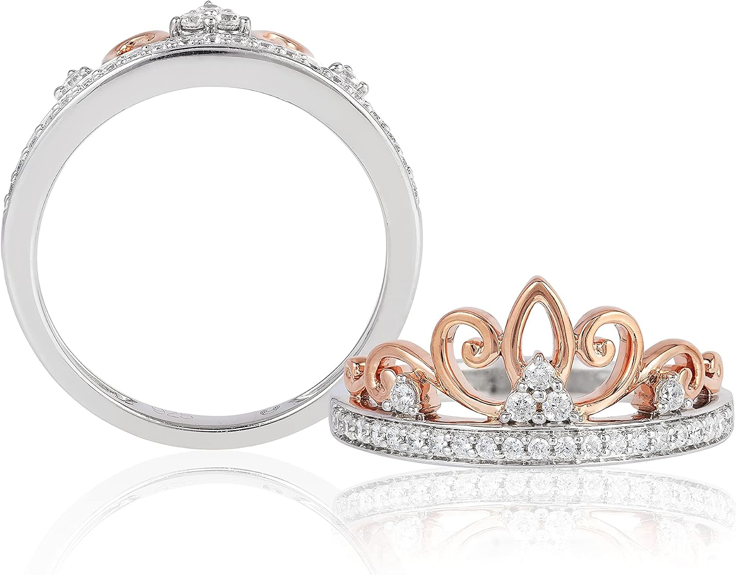 Jewelili Enchanted Disney Fine Jewelry Sterling Silver and 10K Rose Gold 1/5 CTTW Diamond Multiprincess Tiara Ring