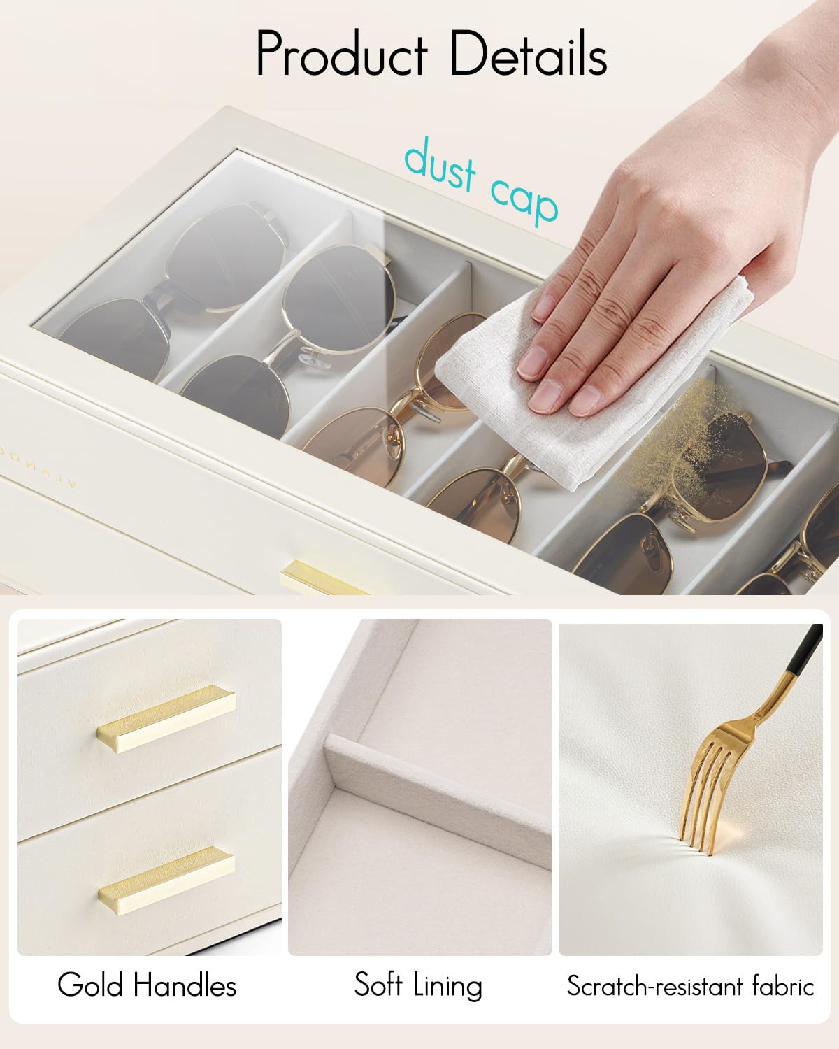 VLANDO Sonnenbrillen Aufbewahrung 2 Etagen, Brillen Aufbewahrungsbox mit Transparentem Glasdeckel für 12 Brillen, Sonnenbrillen Organizer zur Aufbewahrung Mehrerer Brillen, Beige