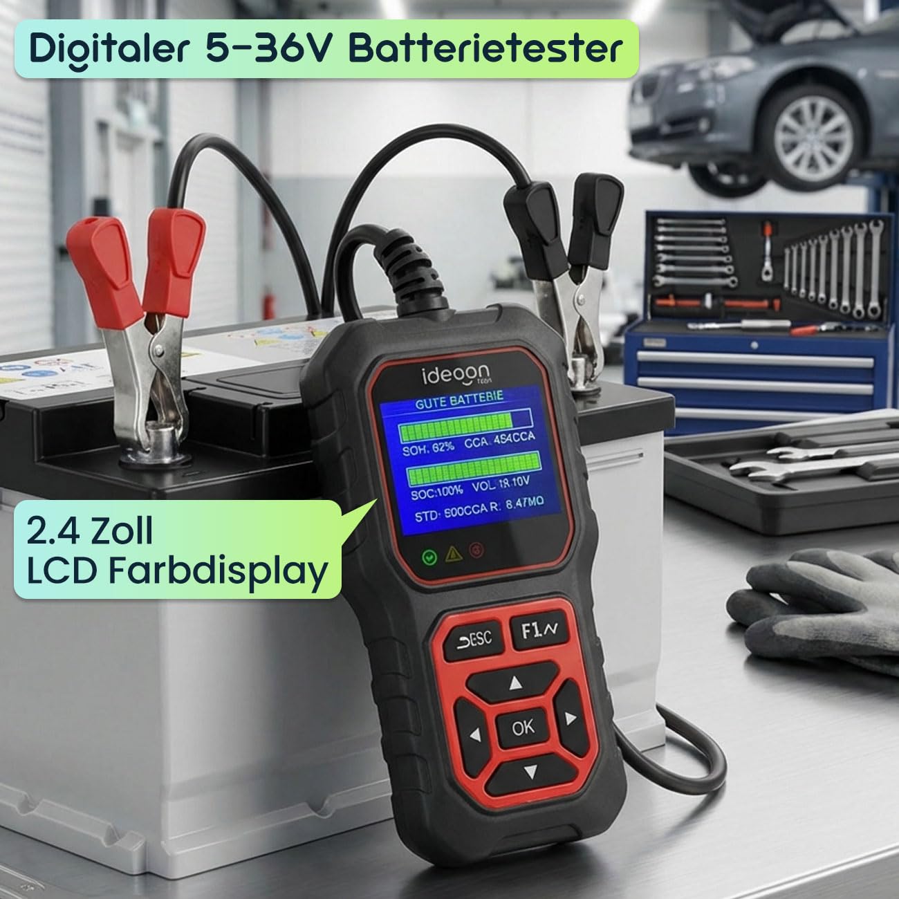 ideoon Digitaler 5-36V Batterietester mit 2.4 Zoll LCD Farbdisplay, Autobatterie Prüfgerät für Nass AGM Gel EFB Lithium, 12V 24V Starttest