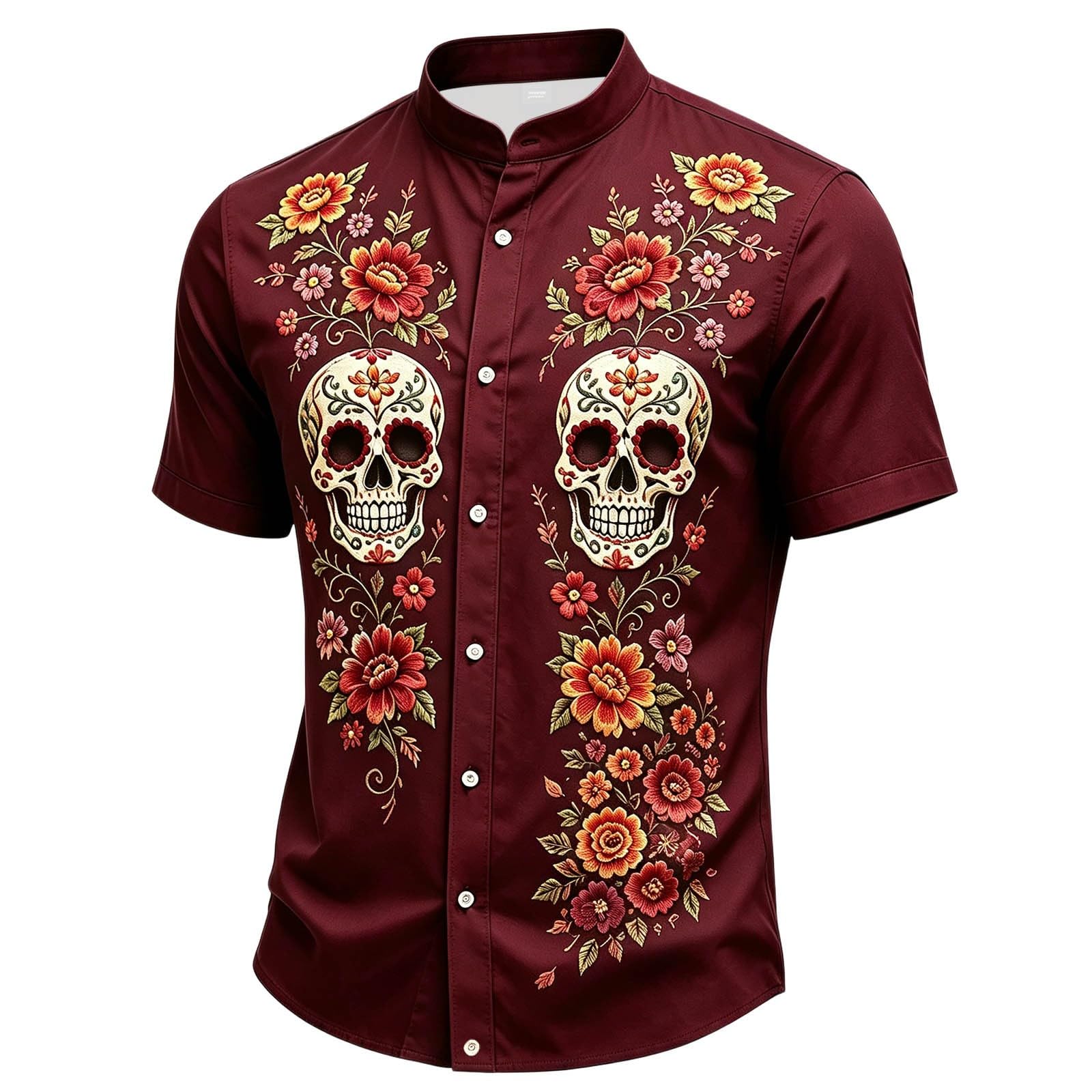 Halloween Shirt Men,Skull Shirt Mens Short-Sleeve Day of The Dead Floral Skull Goth Casual with Button-Down Fit Spooky Party Wear Funny Graphic Vintage Style Casual Outfits — image 1