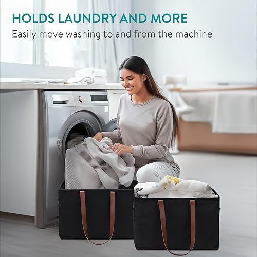 Miniatura 9 de Navaris Cestas plegables para la ropa sucia  Juego de 2  Cestas plegables para ropa  Contenedores de almacenamiento de ropa con tapa de cordón de
