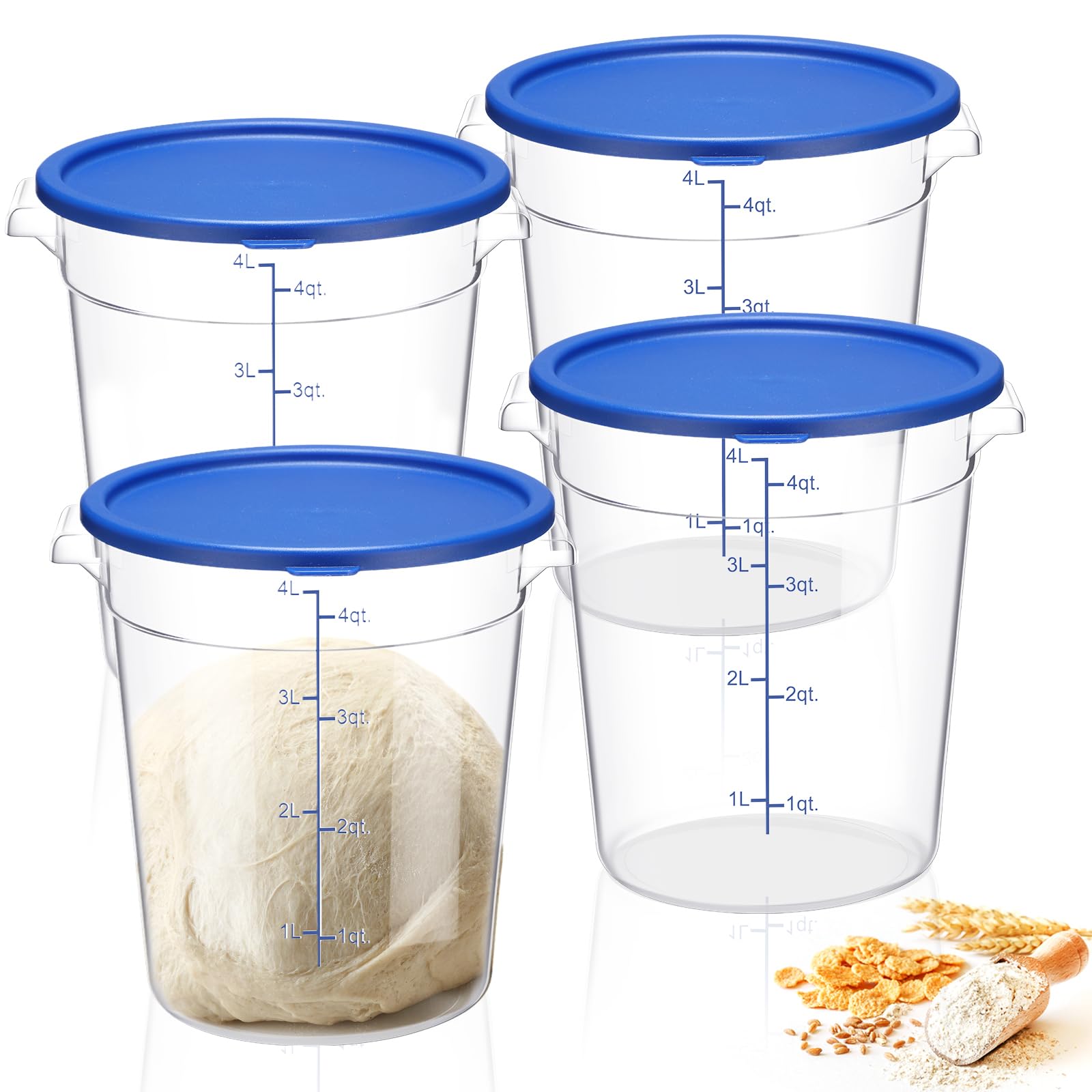 Suclain 4 Pcs 4 Qt Food Storage Container Bucket with Lids Clear Proofing Containers for Dough Rise Bread with Scale Handle Round Flour Container Bucket for Home Restaurant Food Storage (Blue)