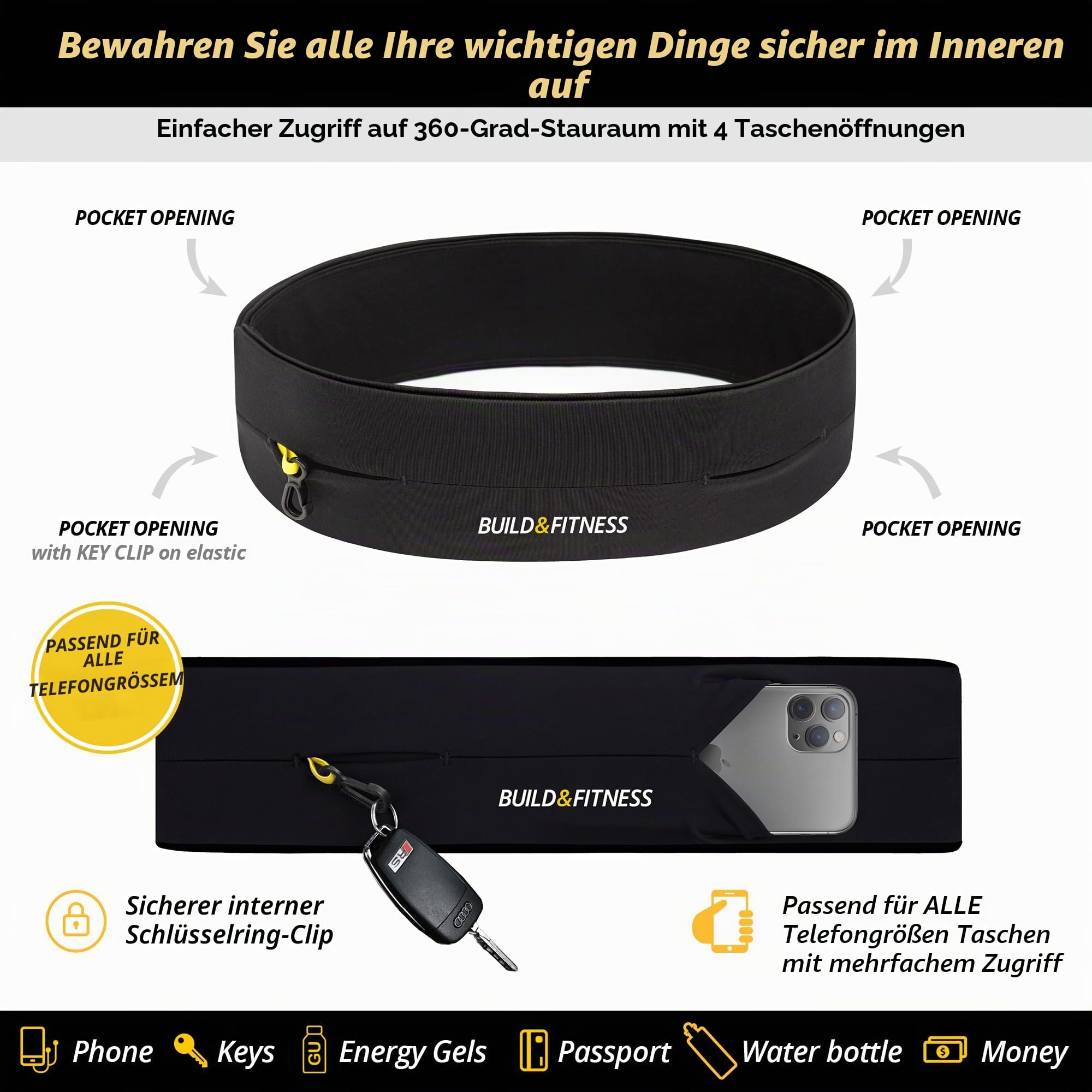 Build & Fitness Laufgürtel. Flip-Taille Gürteltasche, Schlüsselclip und Handyhalterung für Damen und Herren. Leicht, schlank, komfortabel und passend für alle Samsung- und iPhone-Modelle