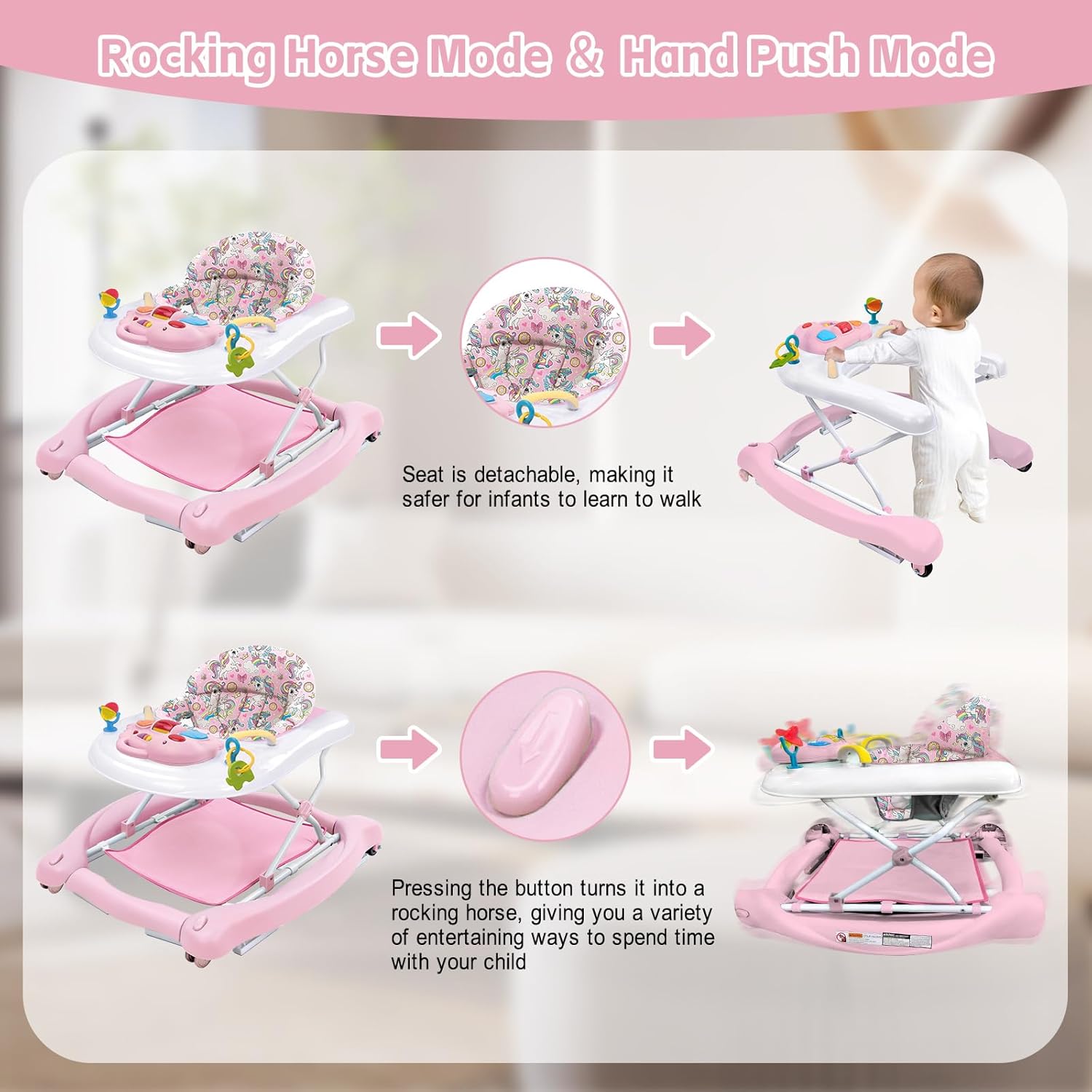 5 in 1 Foldable Baby Walker, Activity Baby Walker-Baby Bouncer, Rocker, Activity Center,Seat and Push Walker,Detachable Trampoline Mat, Adjustable Speed Rear Wheels and Height,Ages 6-18 Months(Pink) - Image 5