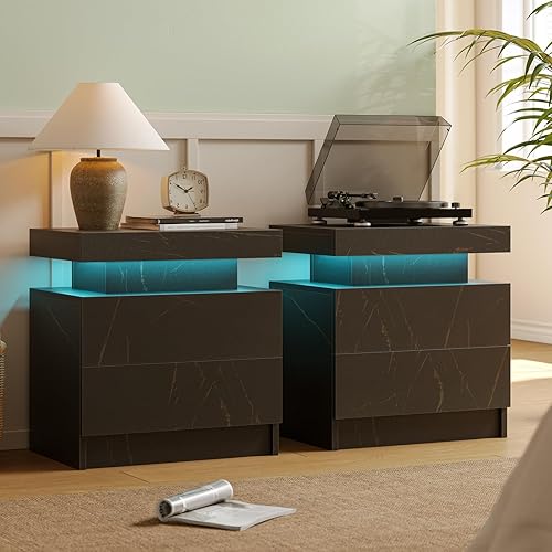 Juego de 2 mesitas de noche con luces LED, mesitas de noche con 2 cajones de madera, juego de 2 mesas auxiliares para sala de estardormitorio