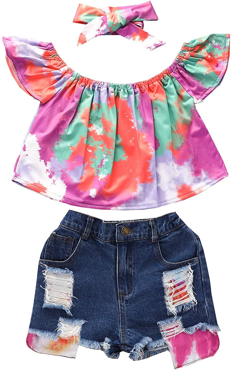 Kids Girl Summer Short Outfits Tie Dye Ruffle Sleeve Off Shoulder Crop Tops + Ripped Denim Shorts Outfits Set (Red,6-7 T)