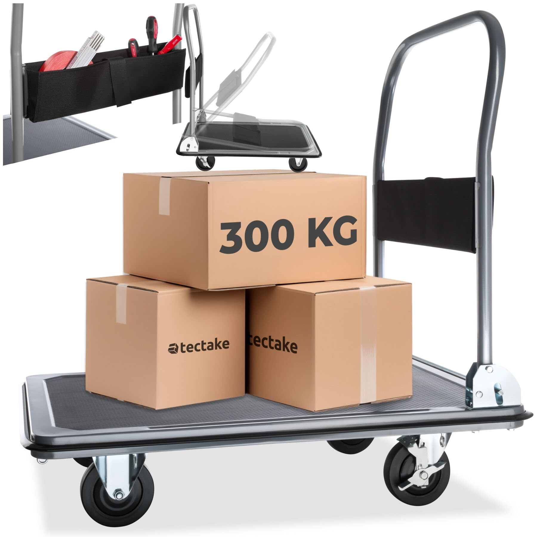 tectake® Carrello con ruote portatutto 73x47x83 cm Carrello Portapacchi Pieghevole Acciaio con Pianale Portapacchi, Carico Max 300kg, Maniglia, 2 Ruote Fisse 2 Ruote Girevoli, Ideale Magazzino - Nero