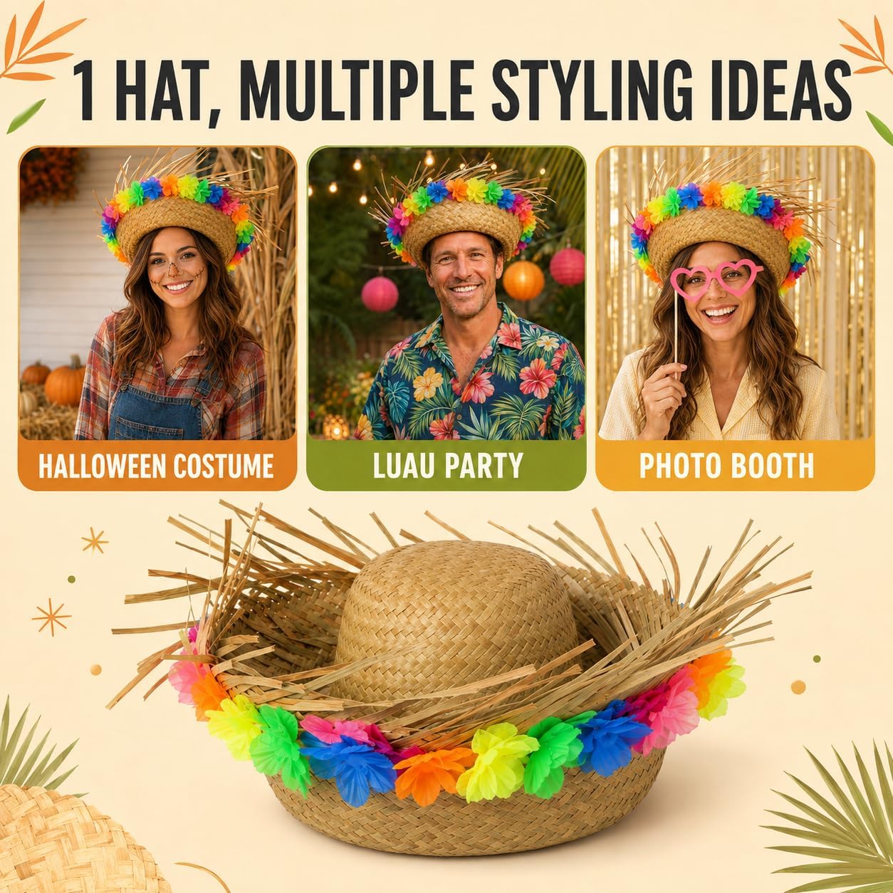 Alipis 14Inch Hawaiian Straw Hat with Flower Trim for Halloween Luau Party