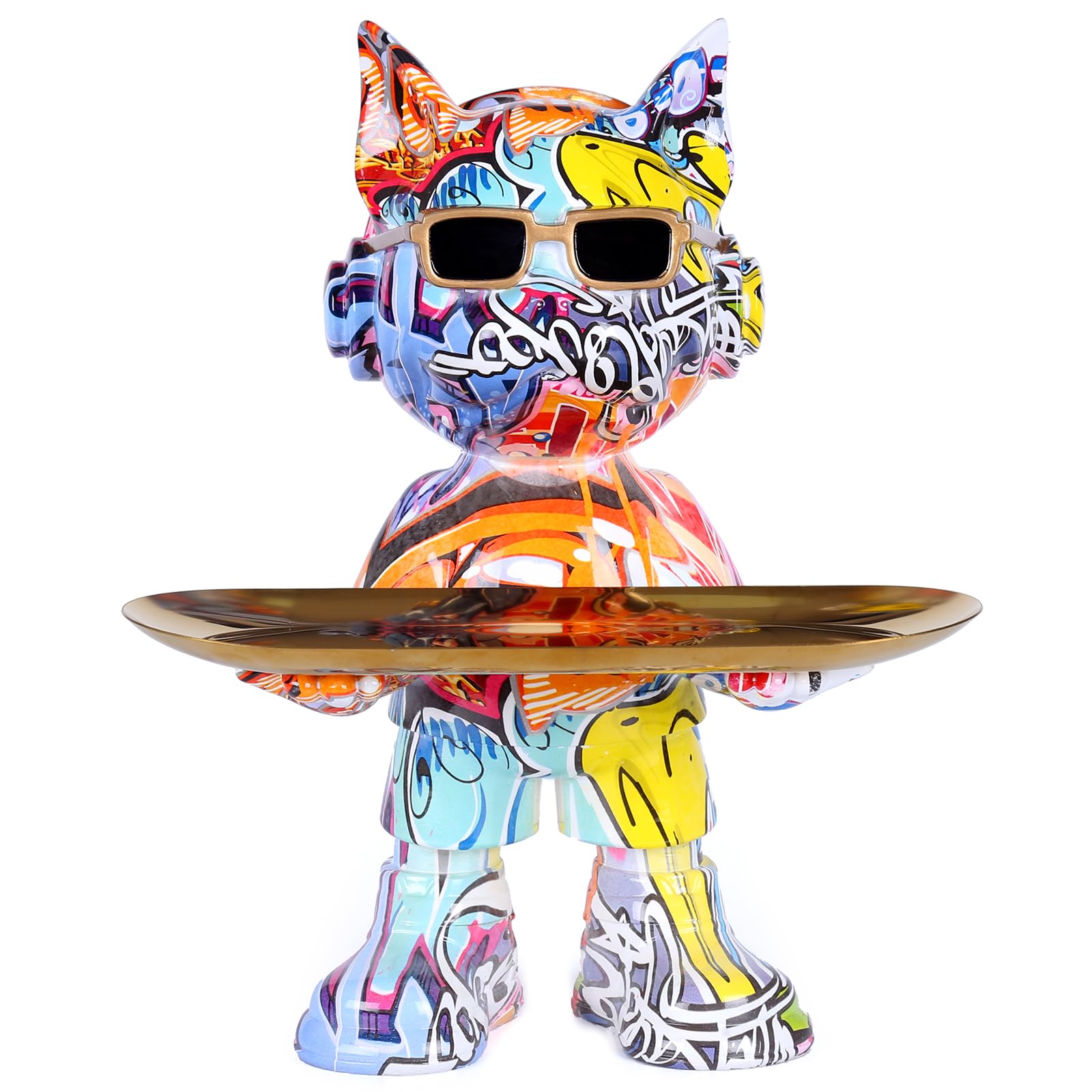 French Bulldog Statue with Candy Tray - Resin Bulldog Sculpture for Home Decoration & Entryway, Graffiti With a Tray, 28 x 22.2 x 17 cm