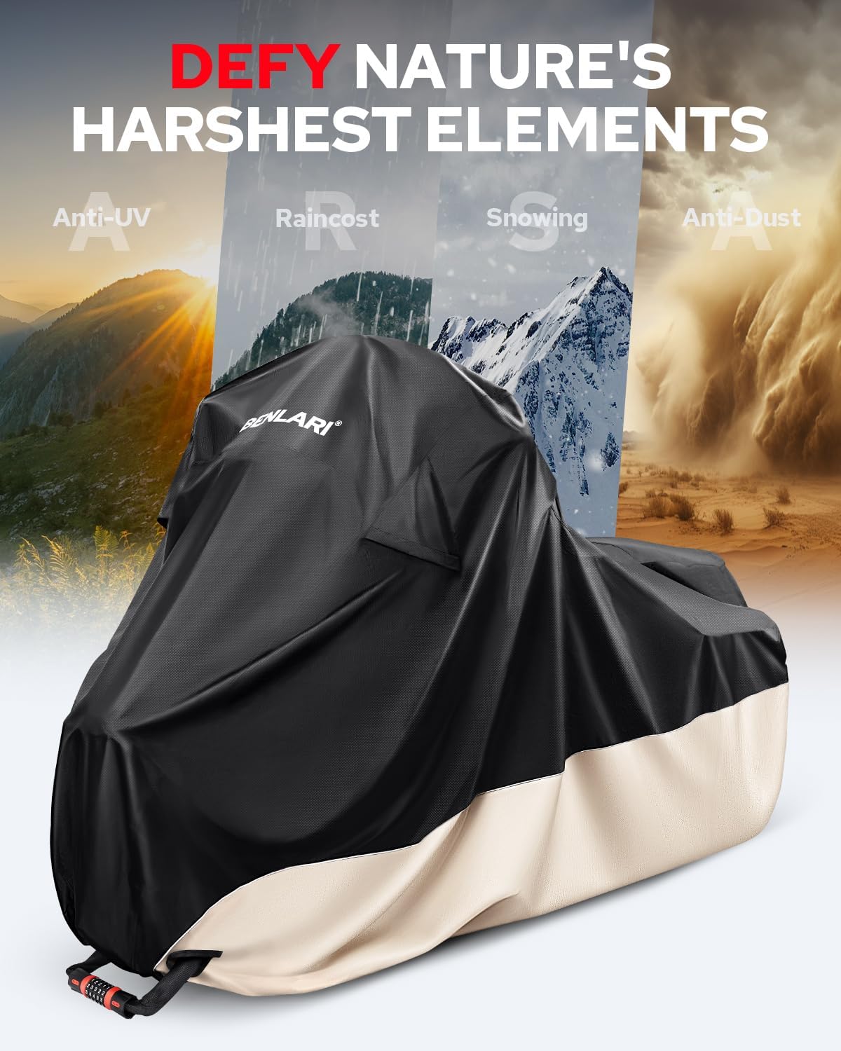 Benlari Waterproof Motorcycle Cover with Side Top Box Compatible with Harley Davidson Touring Models Road King Street Glide Road Glide Electra Glide Outdoor All Weather Protection, L,107" x 43" x 50"