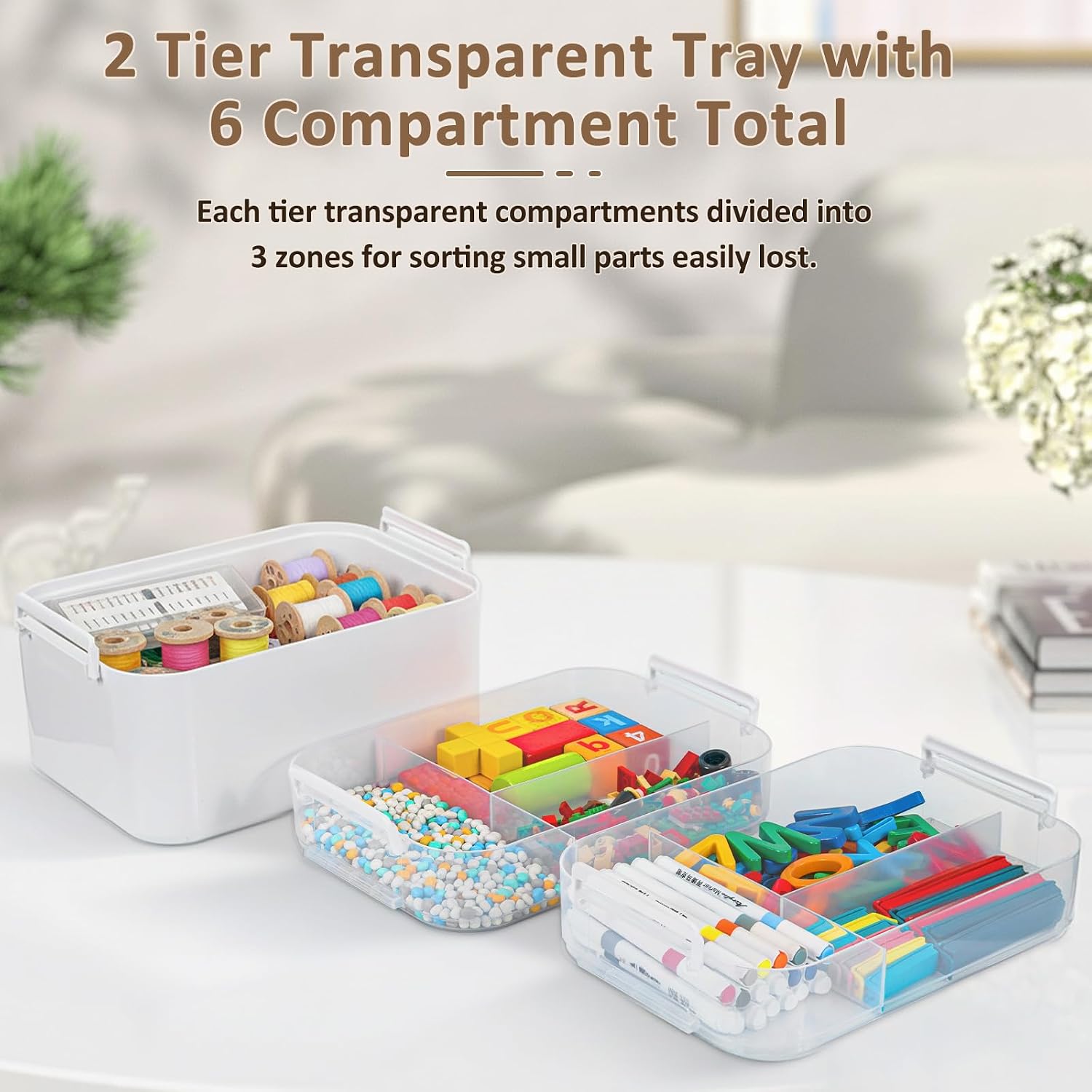 3-Layer Plastic Craft Organizers and Storage Box with Removable Trays, Storage Containers with lids and Handle, Art Supply Storage Organizer for Bead, Ornament, Nail Polish, Tape（10.62"x9"x7.67"） thumbnail