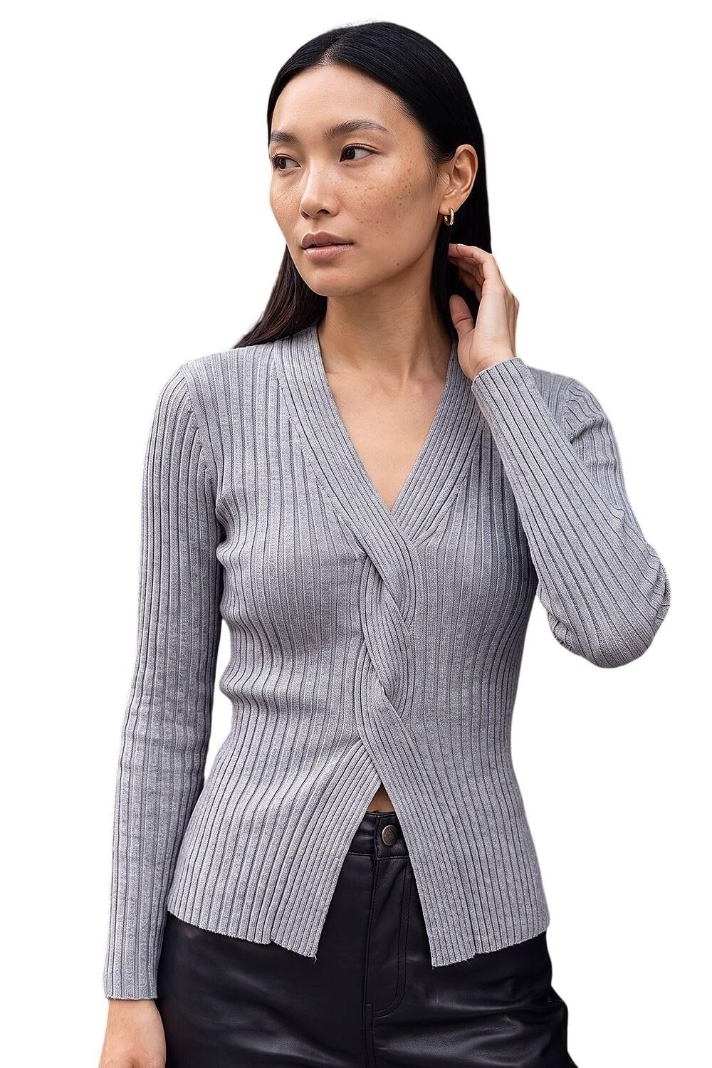 Roman Originals Cable Split Detail Rib Jumper for Women UK - Ladies Everyday Autumn Winter V-Neckline Comfy Soft Evening Vacation Work Party Night Out - Grey - Size 14
