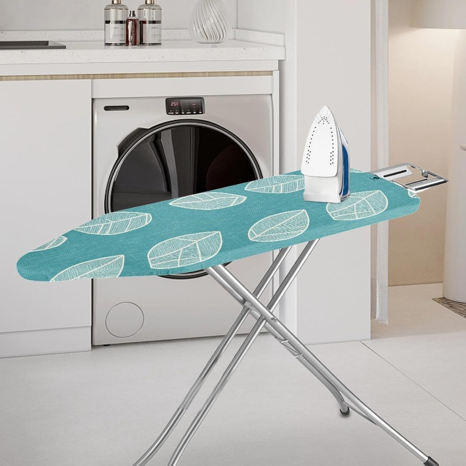 Ironing Board Cover 14x48 Teal Leaf Print Iron Board Cover with Padding Heat Reflective,Scorch Resistant Thick Padding,Snug Fit Non-Slip Nose Pocket Fastener Straps Elastic Edges