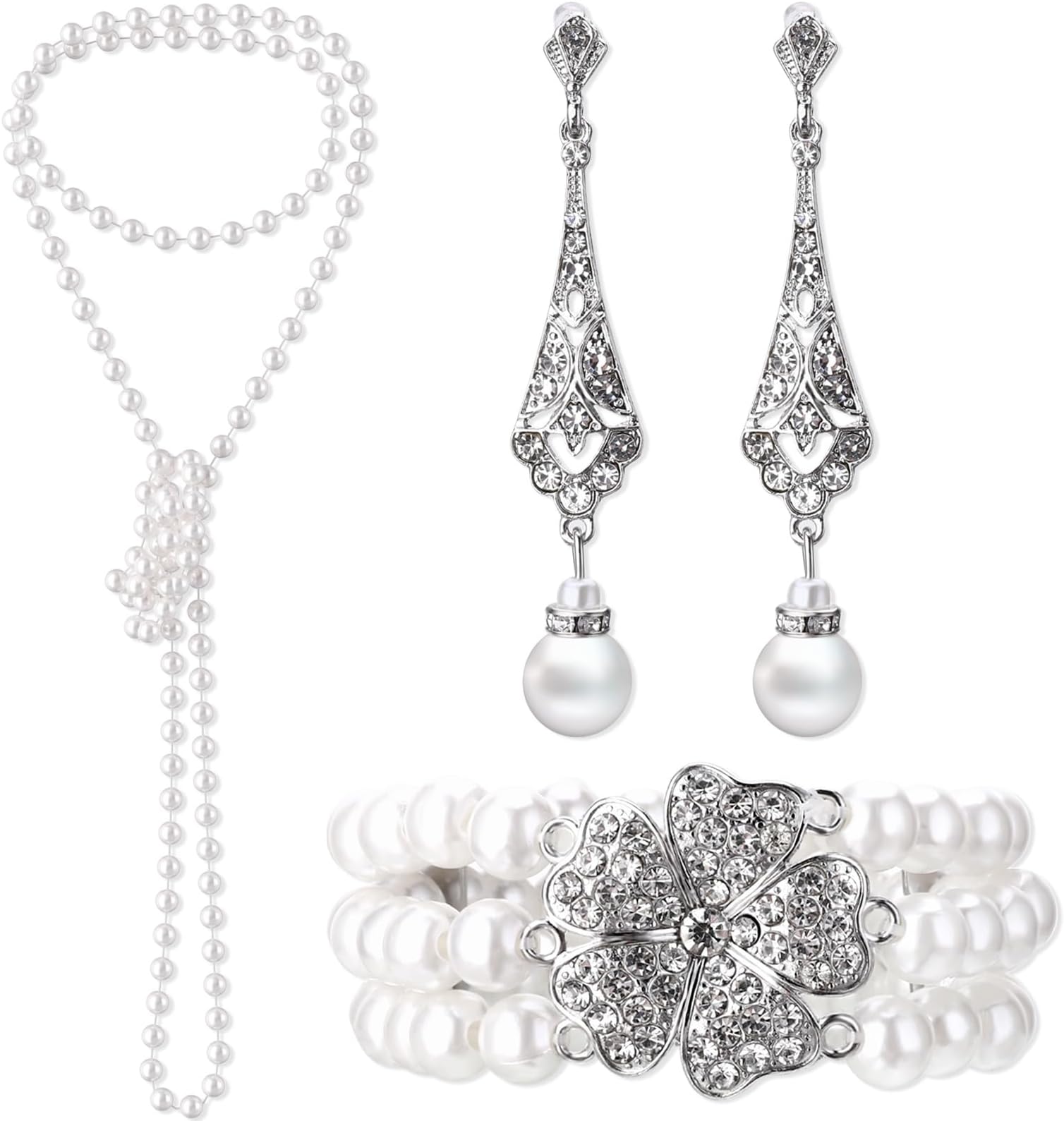DIVINA VITAE3 Pcs 1920s Pearl Jewelry Set for Woman Pearl Necklace and Earring Set Including Vintage Flapper Earrings Multilayer Pearl Necklace Bracelet Pearl Set Flapper Accessories for Women Bride Gift