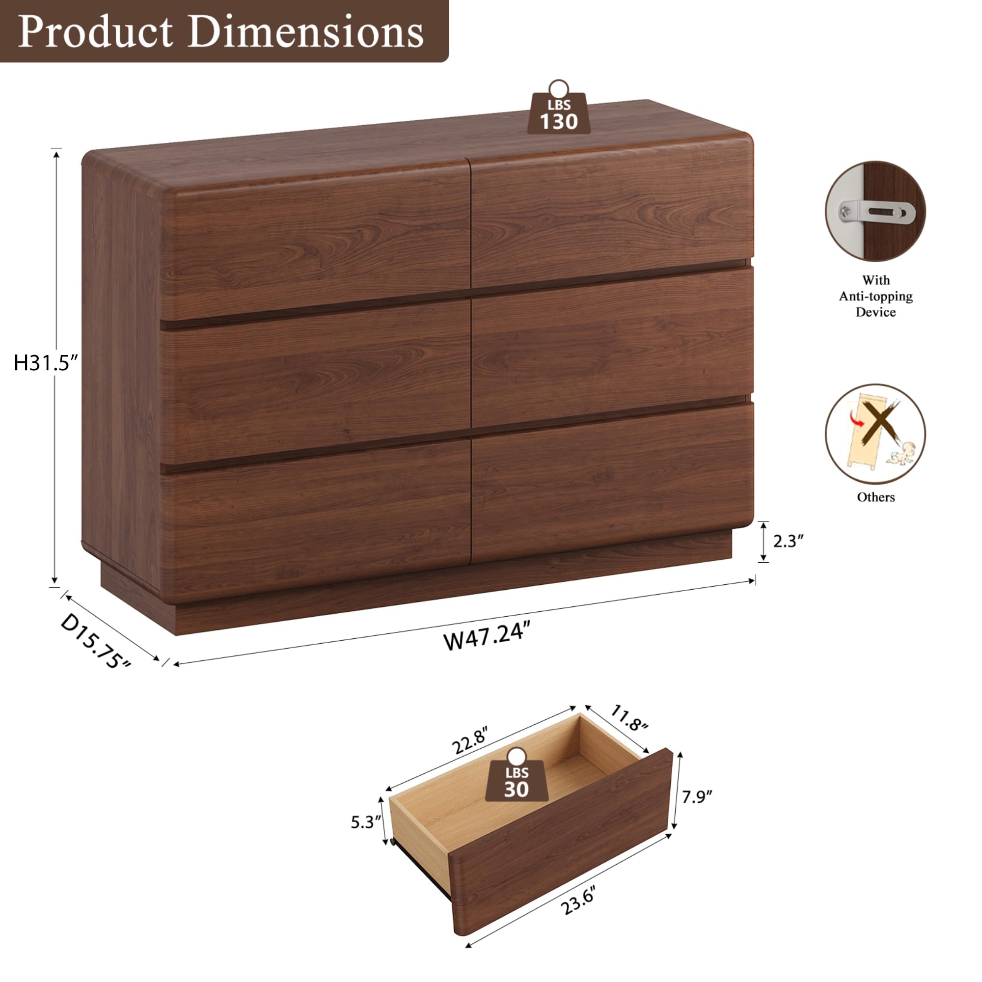 Amazon.com: YANSNWO Walnut 6 Drawer Dresser for Bedroom