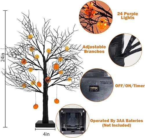 Miniatura 5 de Paquete de 2 árboles negros de Halloween de 24 pulgadas con temporizador, árbol de mesa iluminado con pilas de 24 luces LED con 12 luces naranja