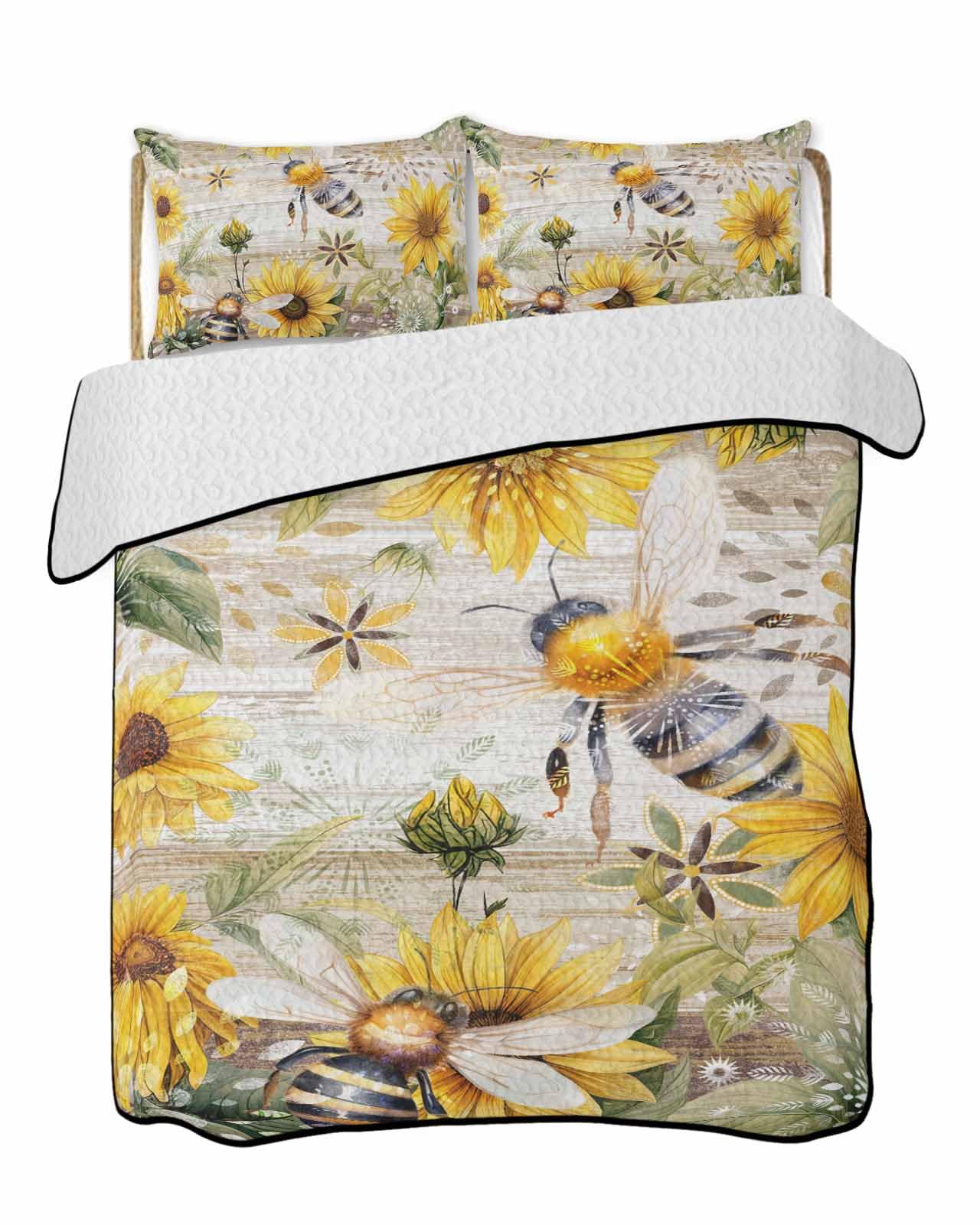 LOT BASIC 3-Piece Summer Quilt Twin Size, Sunflower Lightweight Cooling Bedding Comforter Blanket with 2 Pillow Shams, Vintage Summer Bee Botanical Farmhouse Bedspreads Quilted Coverlet Sets 68