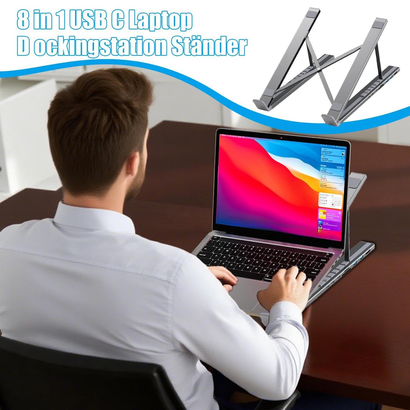 Supporto Con Docking Station Per Laptop Base 8 In 1 Con Hub USB C E | Supporto Ergonomico Portatile per Casa Ufficio Viaggio e Scrivania per Notebook