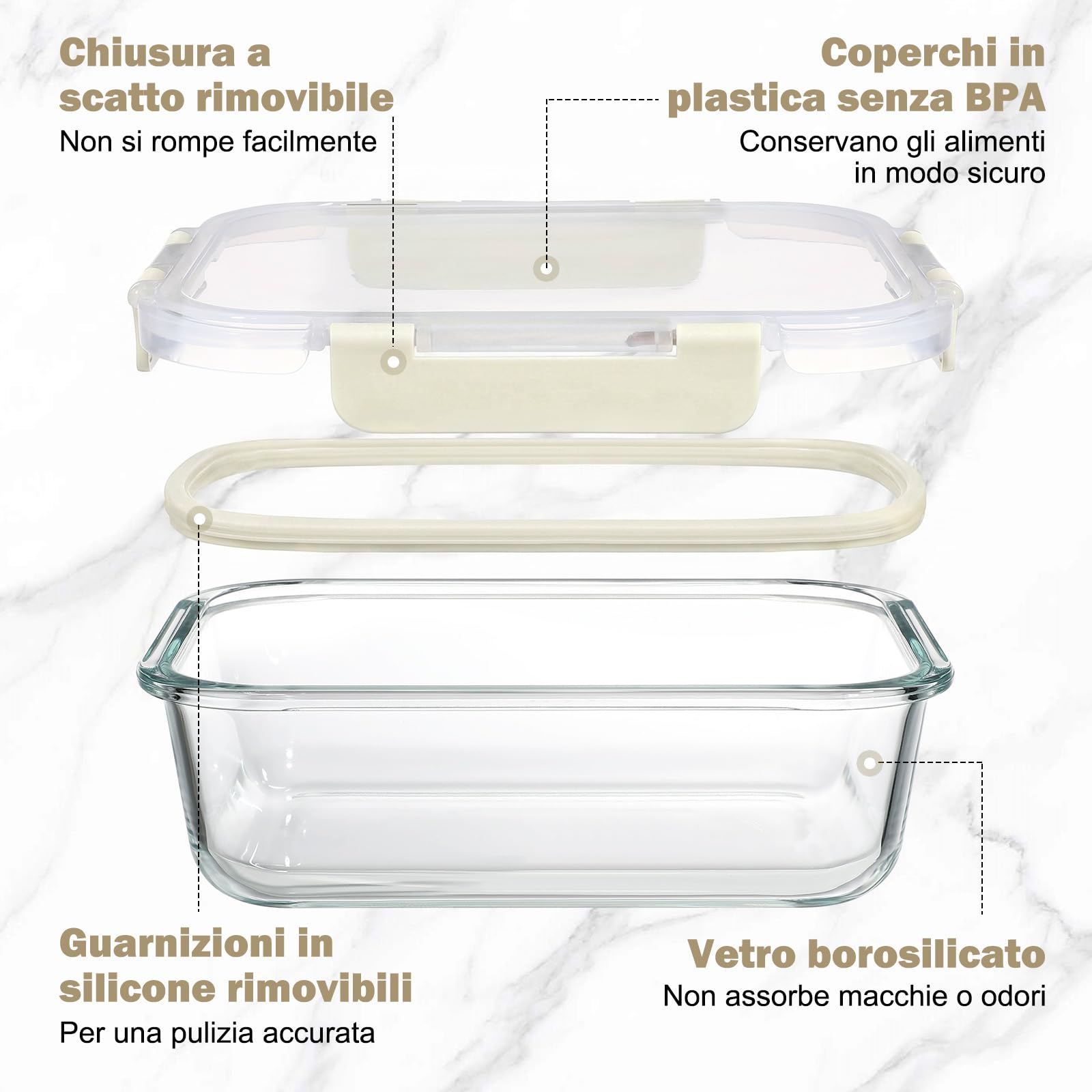 YASHE Set 10 Contenitori Vetro per Alimenti con Coperchi Ermetici, Senza BPA, Adatti a Microonde, Forno, Frigo e Congelatore, per Meal Prep, Bianco