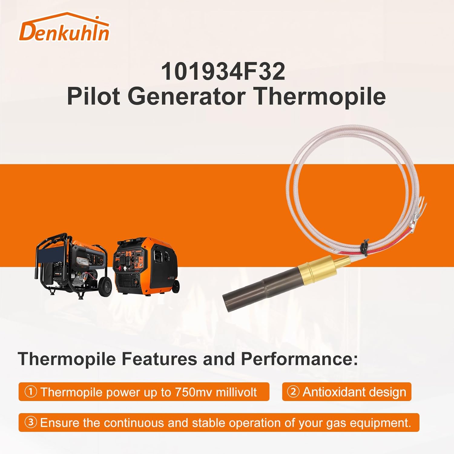 101934F32 Thermopile 750mv Power Generator for White Rodger Replace 60125501 1950-001, 250-750 Millivolt 2 Lead with PG9 Adapter