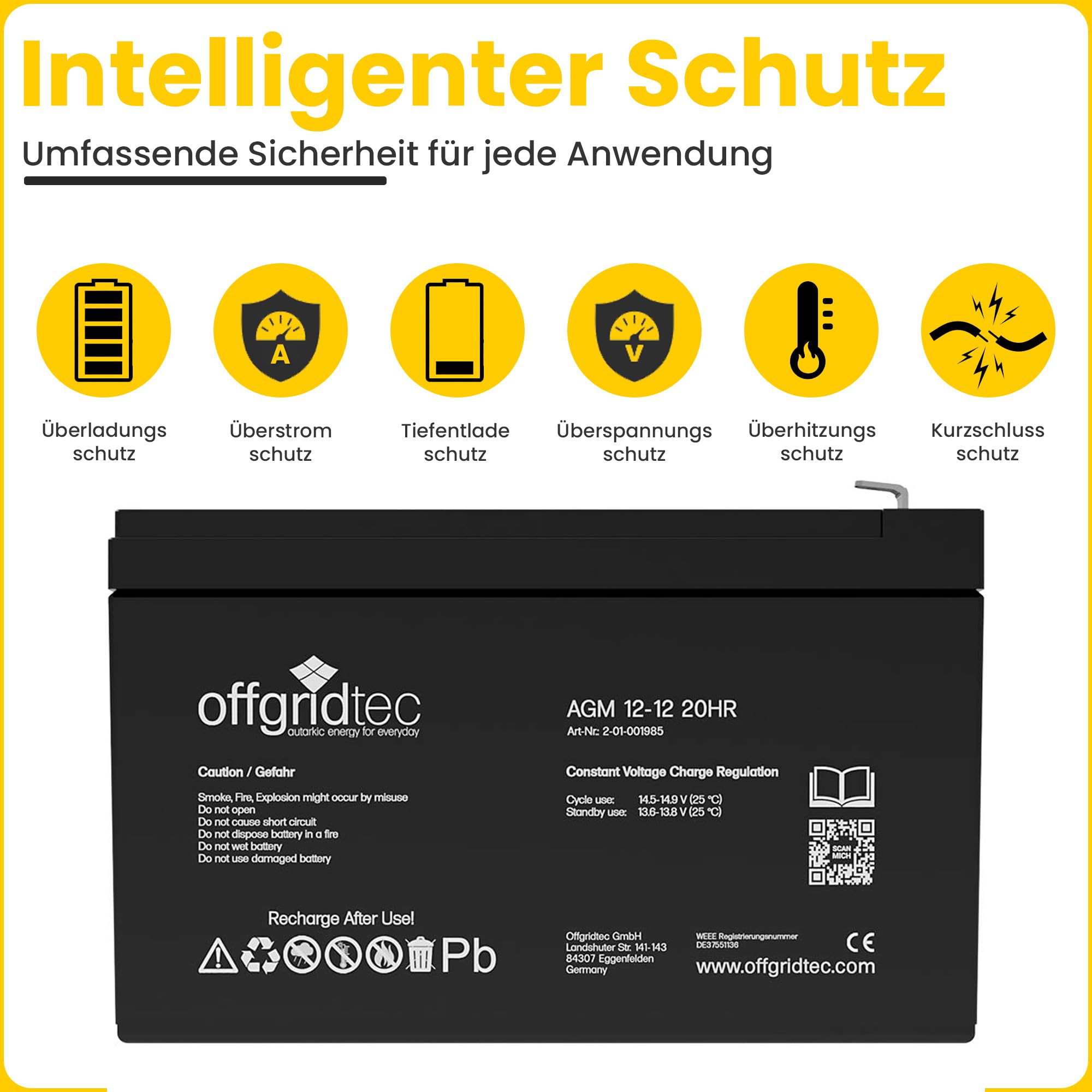 Offgridtec Agm Batteria Solare Estremamente Zyklenfest 12 Ah 20 Stuende 12 V, 2 – 01 – 001985