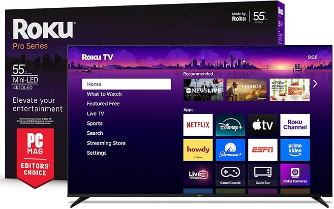Roku Smart TV 2025 – 55-Inch Pro Series, Mini-LED TV – RokuTV with Backlit Voice Remote Pro – Flat Screen 4K QLED Television with 120Hz Refresh Rate & Dolby Vision IQ, Live News, Sports, Entertainment