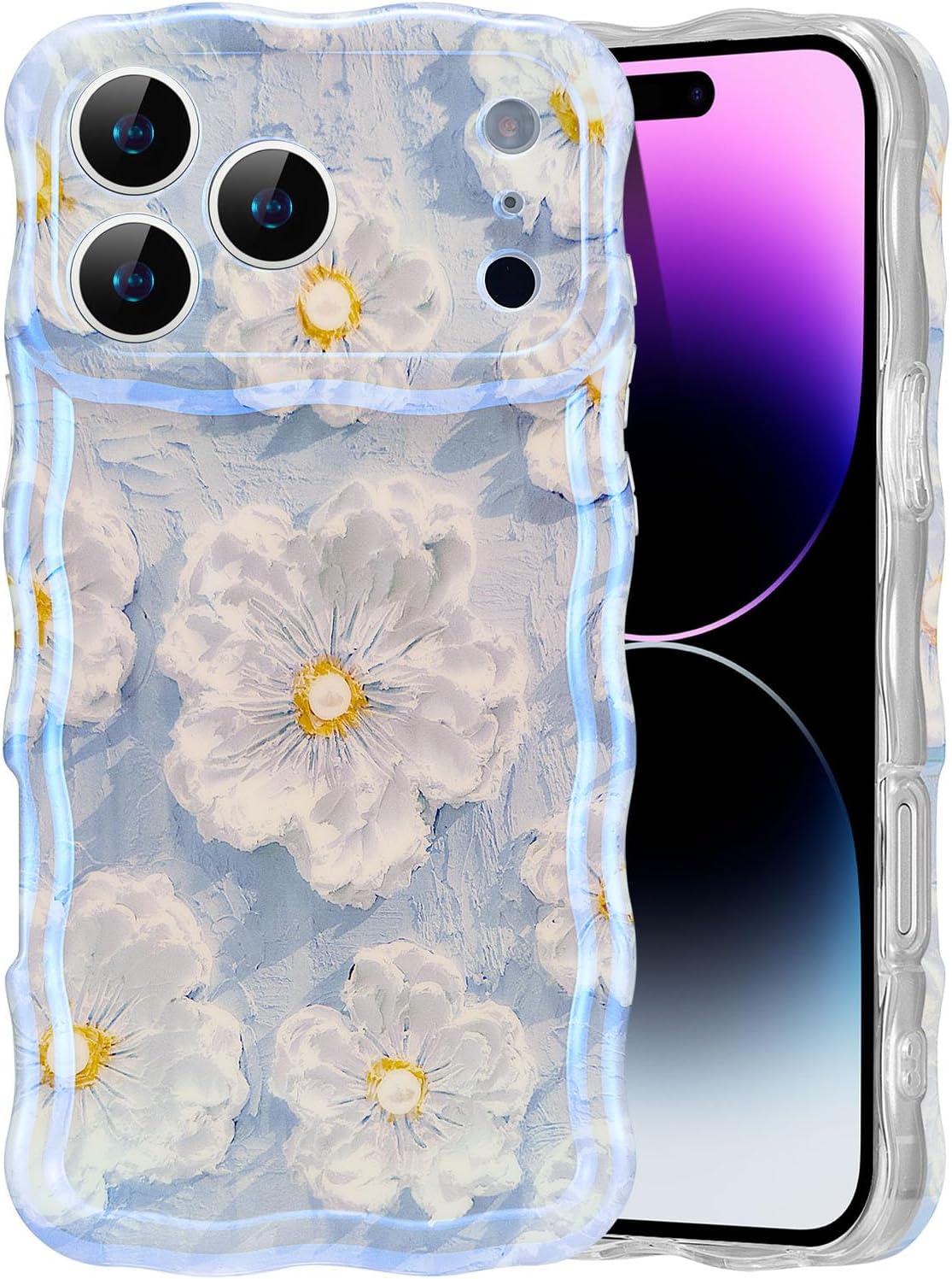 Product image of EYZUTAK Case for iPhone 17 Pro Max, Colorful Retro Oil Painting Flower Laser Glossy Pattern Cute Curly Wave Edge Exquisite Phone Cover Stylish Durable TPU Protective Case for Girl Women - Light Blue