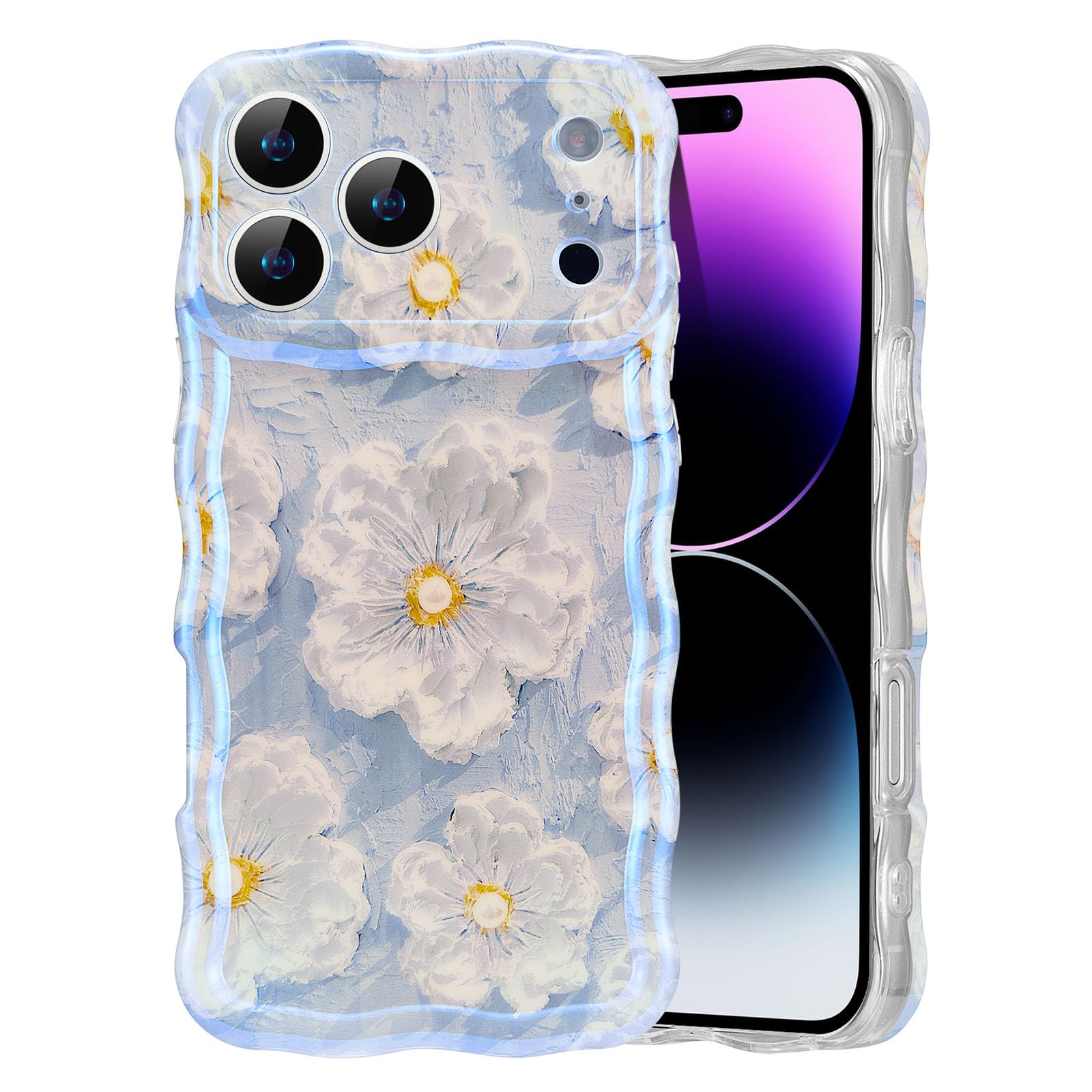 EYZUTAK Case for iPhone 15, Colorful Retro Oil Painting Flower Laser Beam Glossy Pattern Cute Curly Waves Border Exquisite Phone Cover Stylish Durable Soft TPU Protective Case for Girls Women - Green — view 28