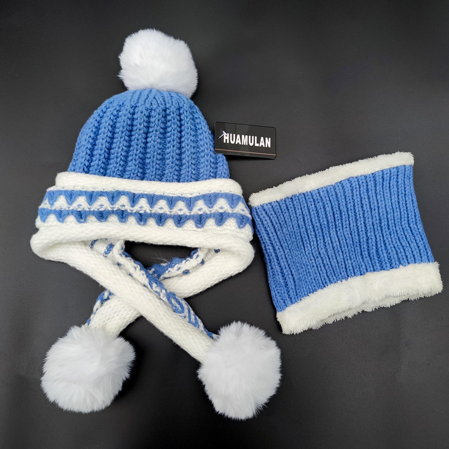 HUAMULAN Women Winter Beanie Hat Circle Scarf Set Pompoms Ski Snow Ear Flaps Sherpa Knit Hats Neck Warmer Set - Image 4