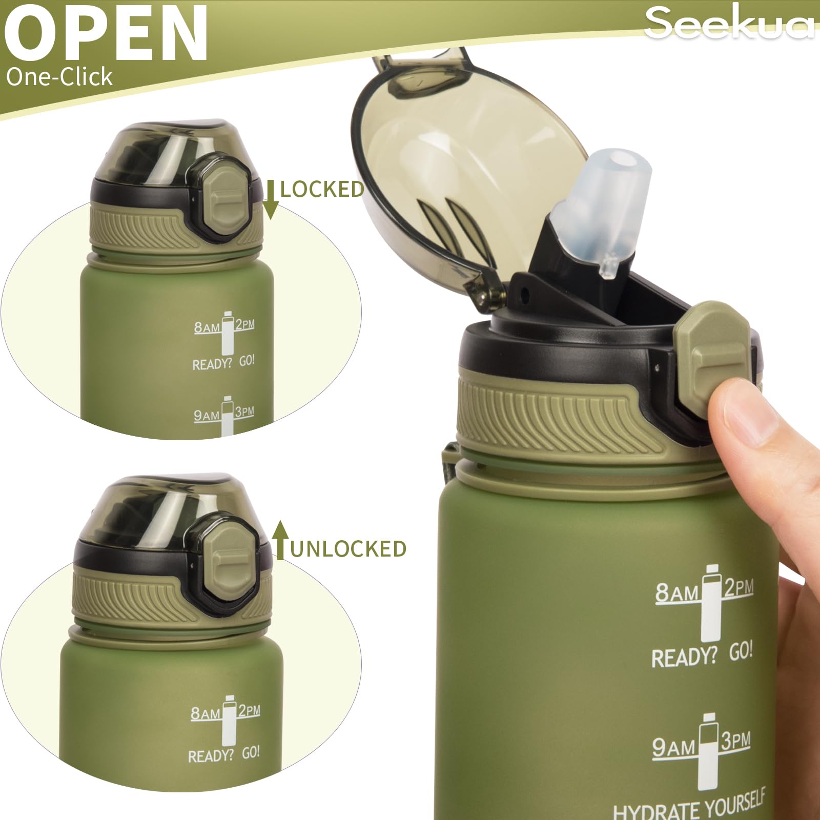 Seekua Sportiva Borraccia Motivazionale 0.6l / 1l / 2l con Cannuccia & Orari per Bere Bottiglia Acqua Tritan per Bici, Palestra, Sport, 2 Coperchi, 1 litro