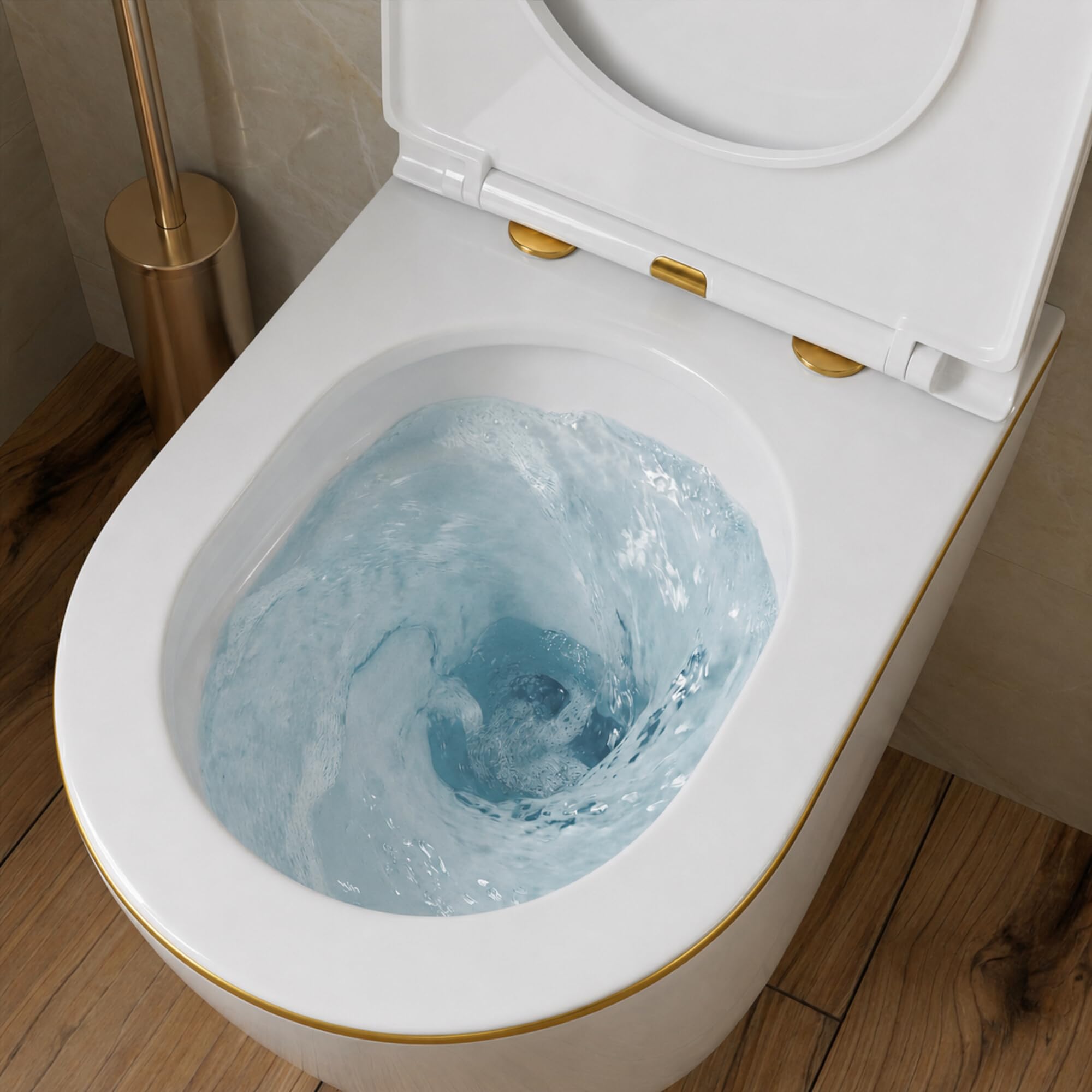 LAVITA WC mural suspendu avec siège de toilette, couvercle de toilette avec système d'abaissement automatique et charnières en métal Sans rebords, cuvette de toilette suspendue Sofi Slim Gold Line