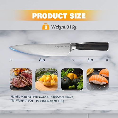 Miniatura 6 de Cuchillo de chef, cuchillos de chef hechos de acero inoxidable de alto carbono con patrón de damasco, cuchillo de chef de 8 pulgadas para tallar