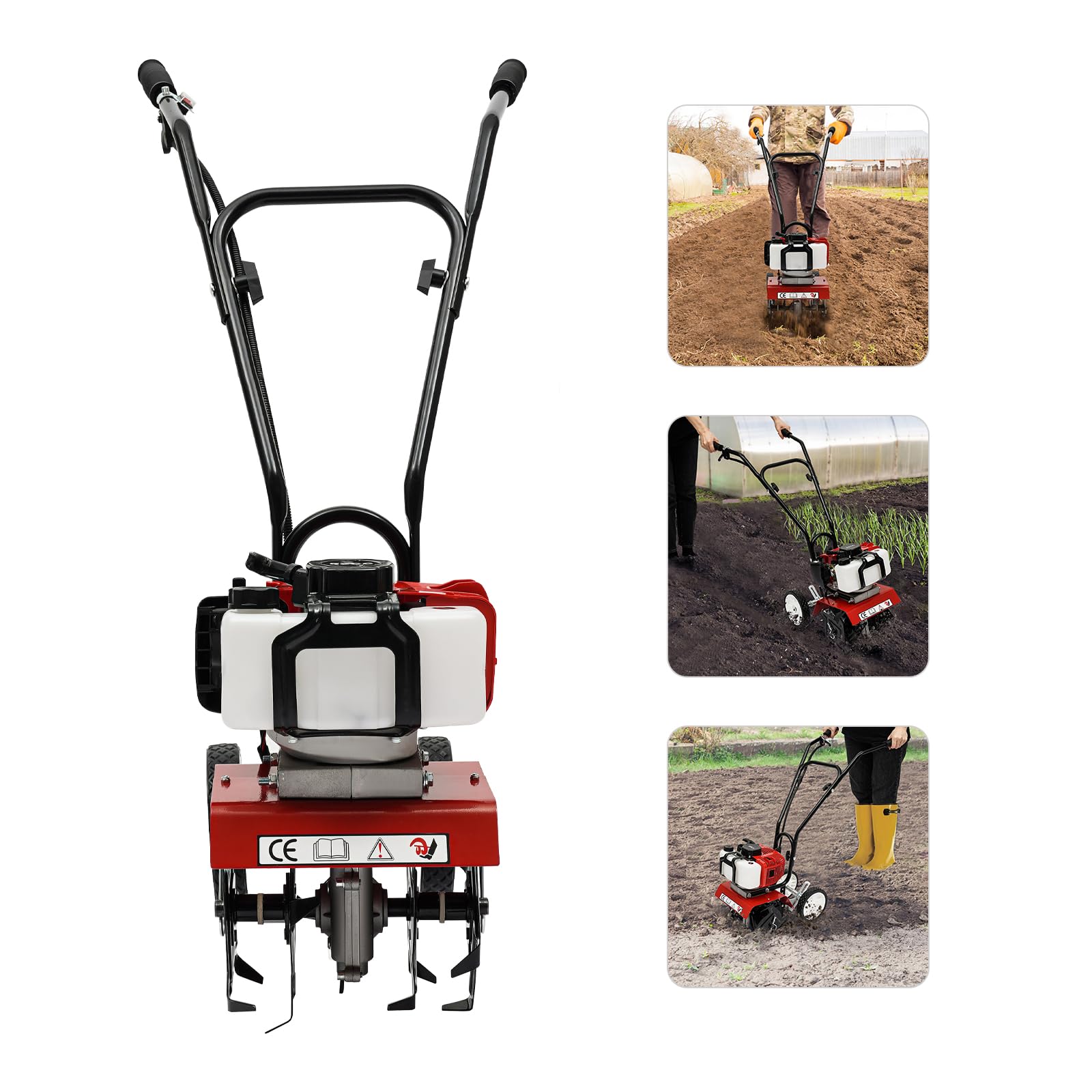 WATEBATH 2-Stroke 52cc Gas Power Garden Farmyard Tiller Cultivator 6500 rpm,1.65kw Soil Work Cultivator Yard Rototiller Tilling to
