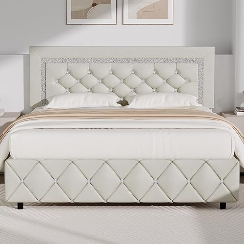 Miniatura 15 de BarnFurin - Base de cama matrimonial con cabecera capitoné, plataforma tapizada con diseño de diamante, base de colchón, soporte de listones de