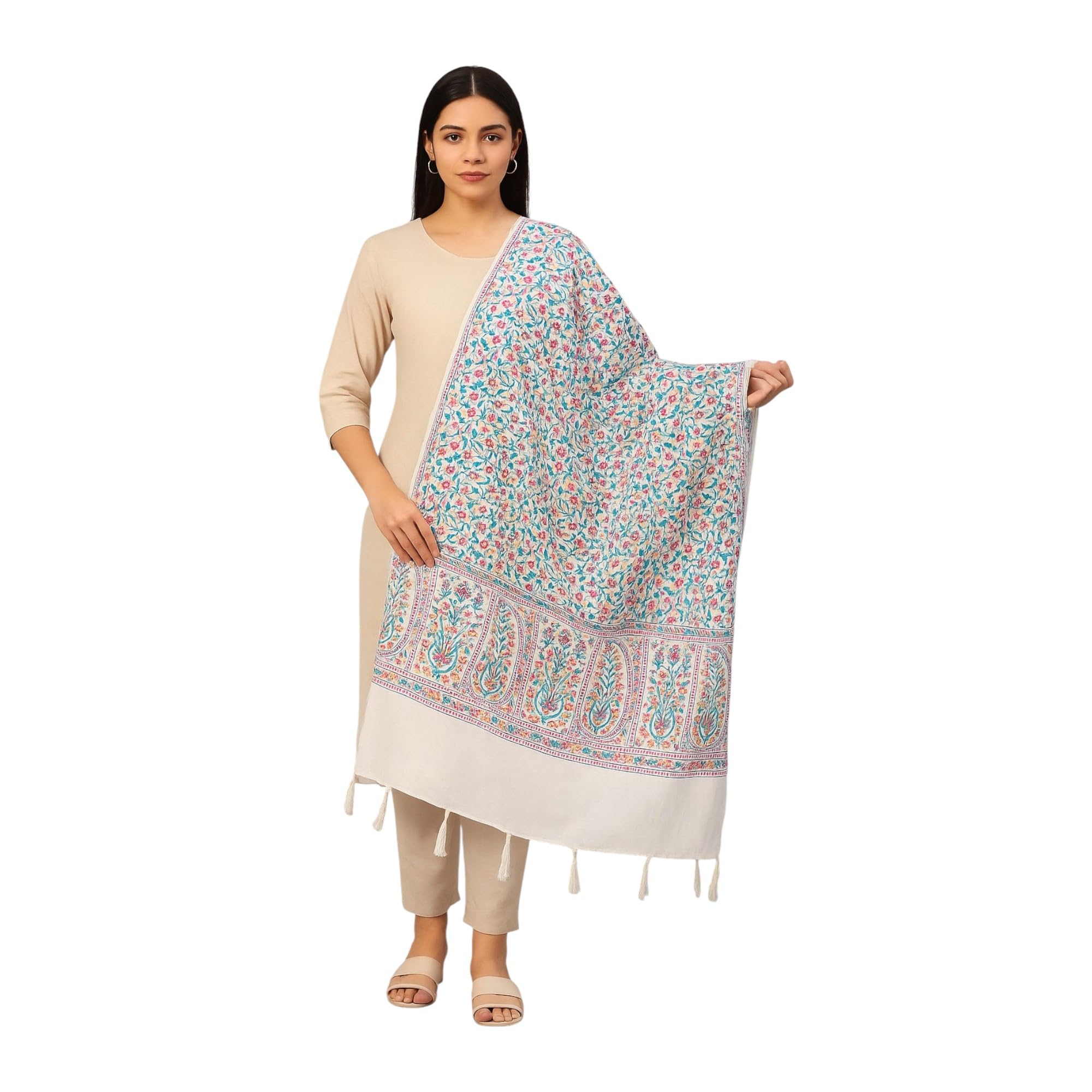 Women’s Ethnic White Dupatta with Multicolor Floral & Paisley Print | Soft Cotton Stole with Tassels | Festive & Casual Wear (Length 2.25 mtr.) 1 Pc-image-27