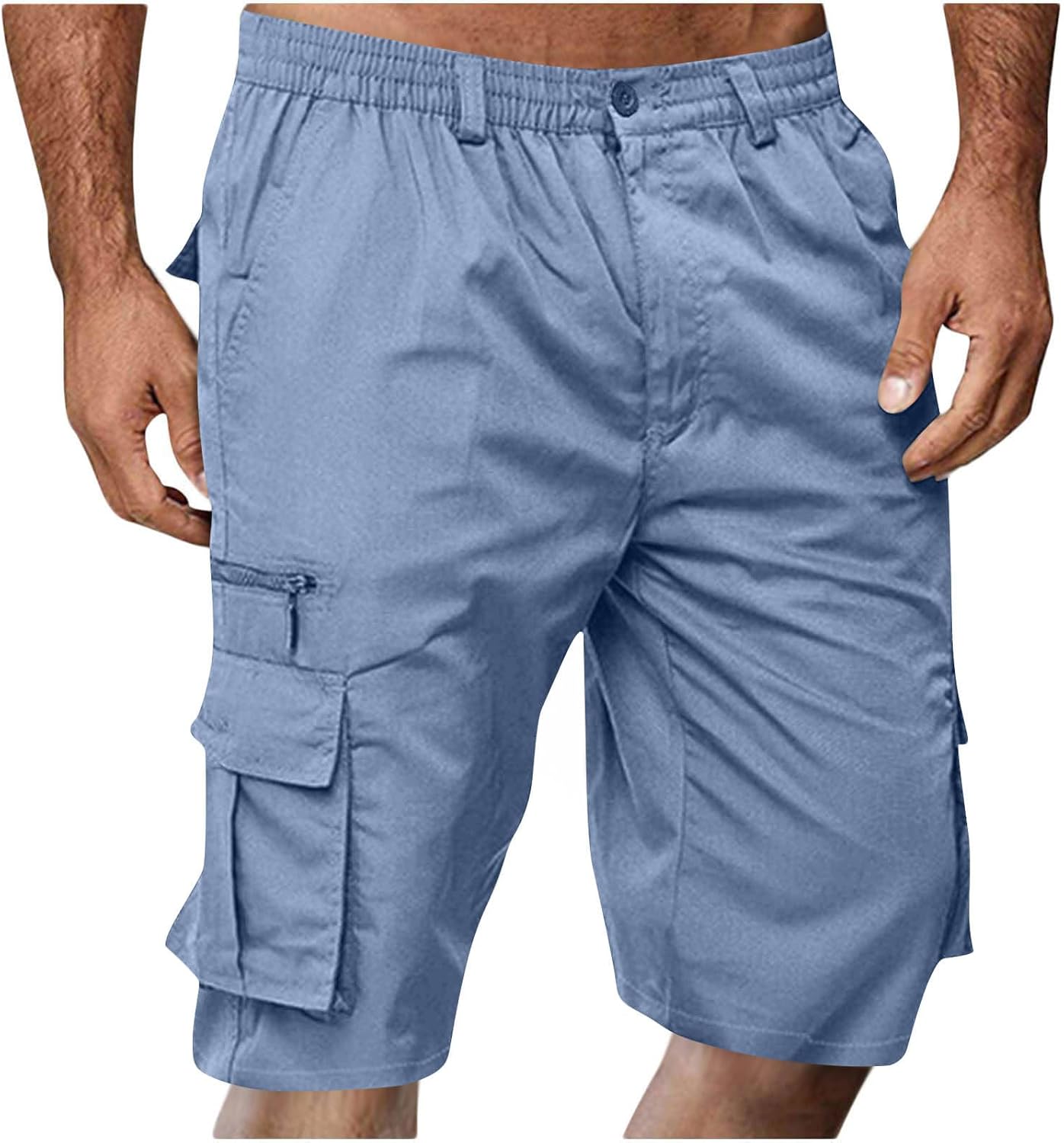 Mens Cargo Shorts Button Loose Casual Elastic Waist Outdoor Hiking Shorts Solid Straight Leg Workout Short Pants