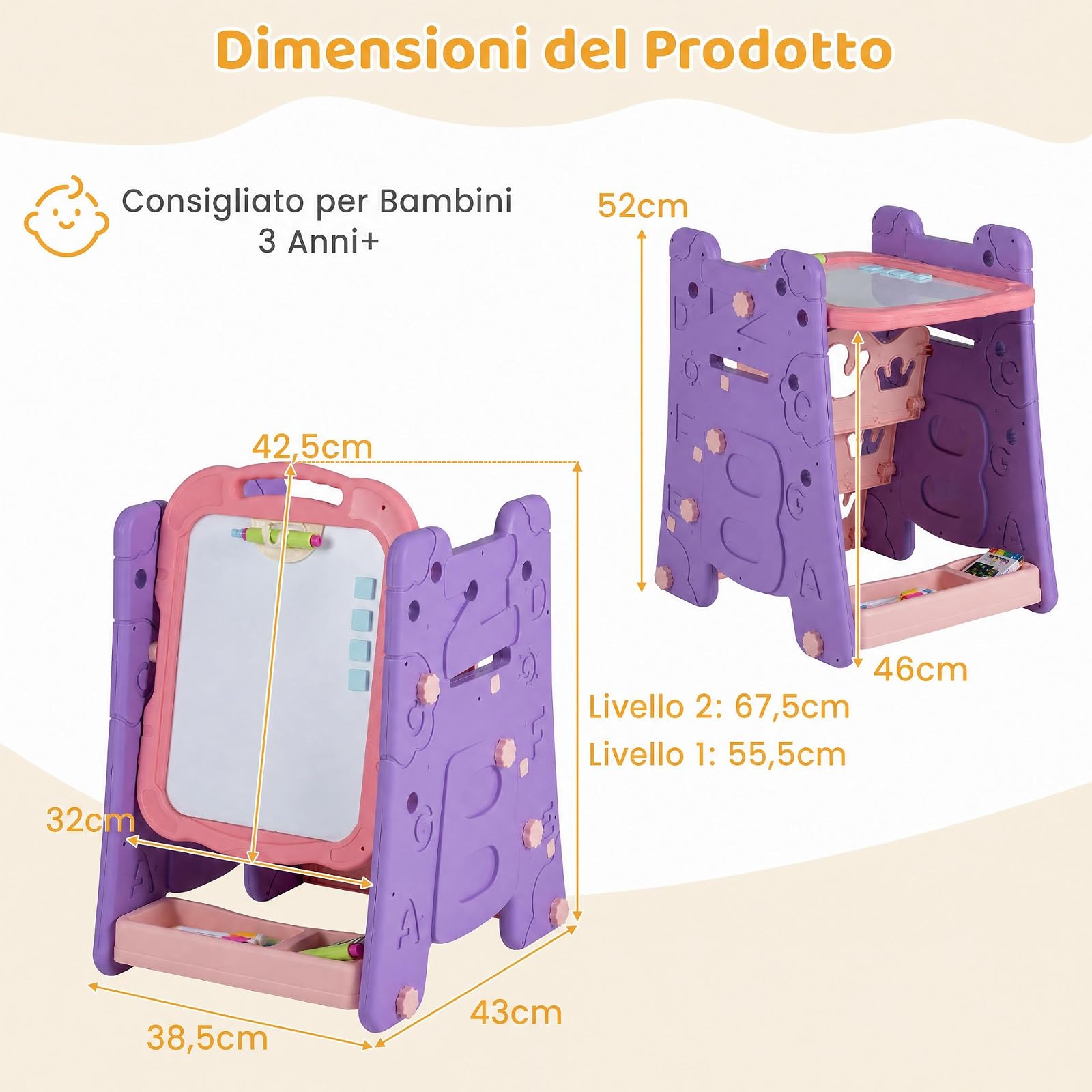 COSTWAY 3 in 1 Cavalletto per Bambini con Lavagna Bifacciale (Viola)