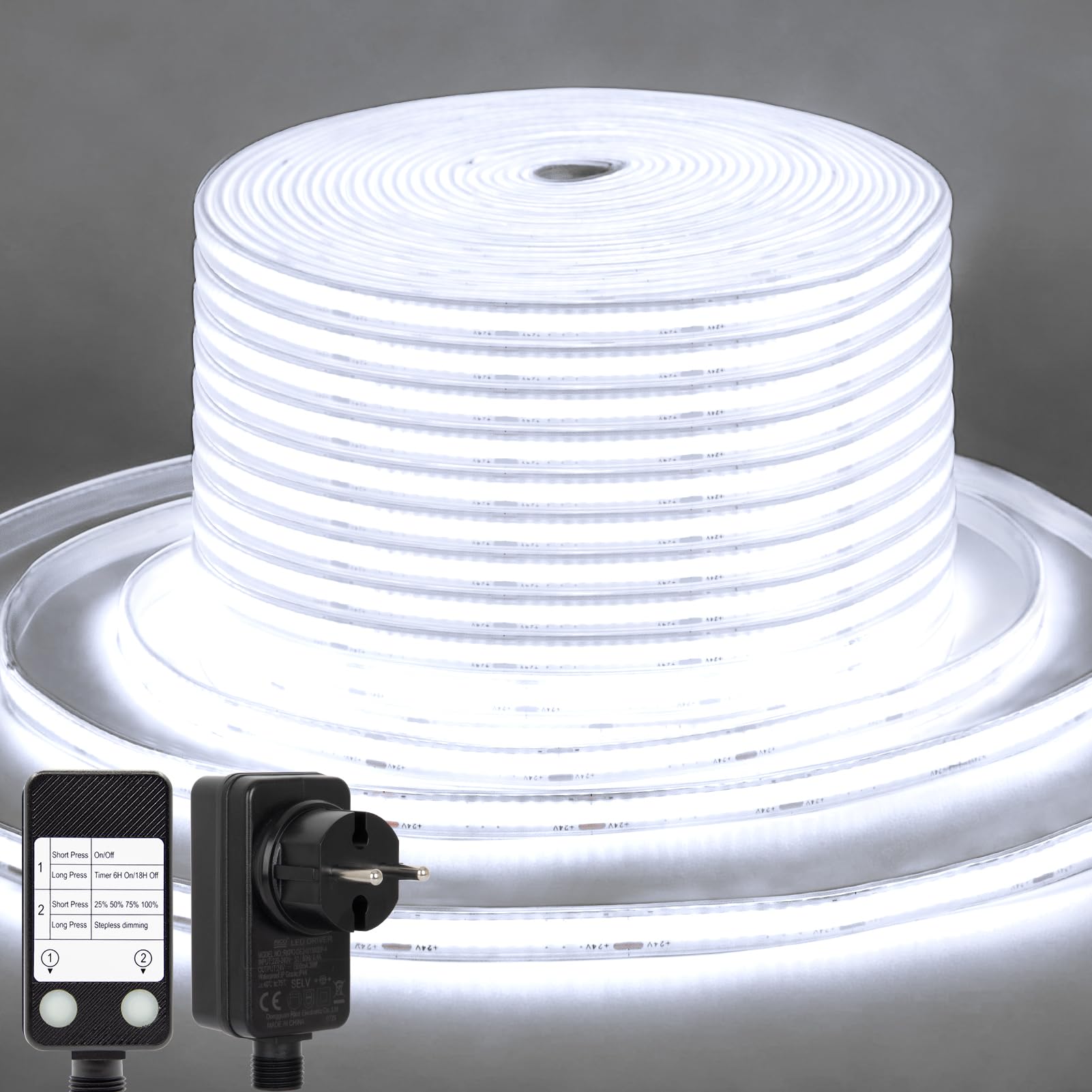 CCILAND COB LED Streifen 15M Weiß 6500K, 24V Dimmbar LED Strip mit Timer Wasserdicht, Flexibel LED Band Selbstklebend für Heim Küche Innen Außen DIY Dekor