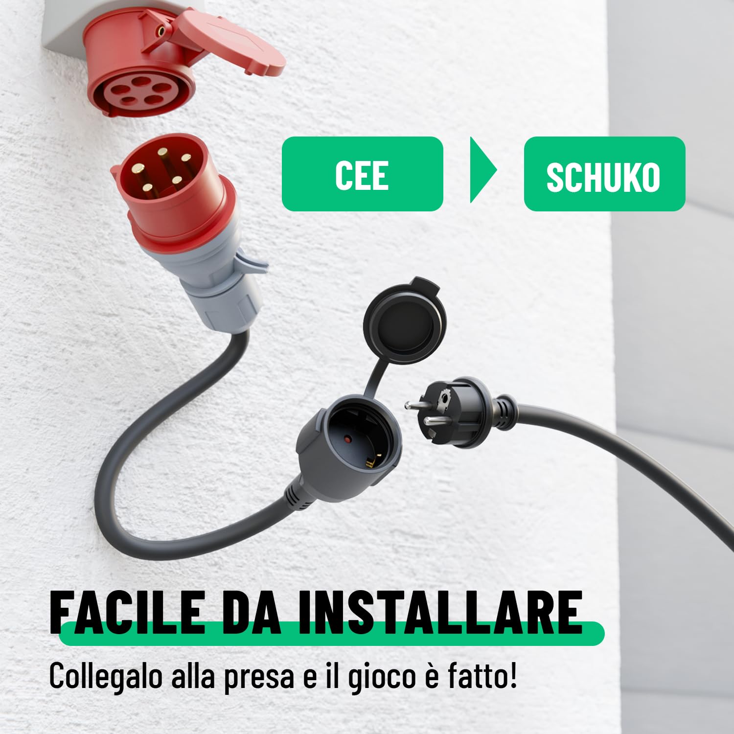 greate Adattatore CEE 16A a presa Schuko - da 400V a 230V 16A con cavo 50 cm e IP44 - spina CEE a presa Schuko 230V