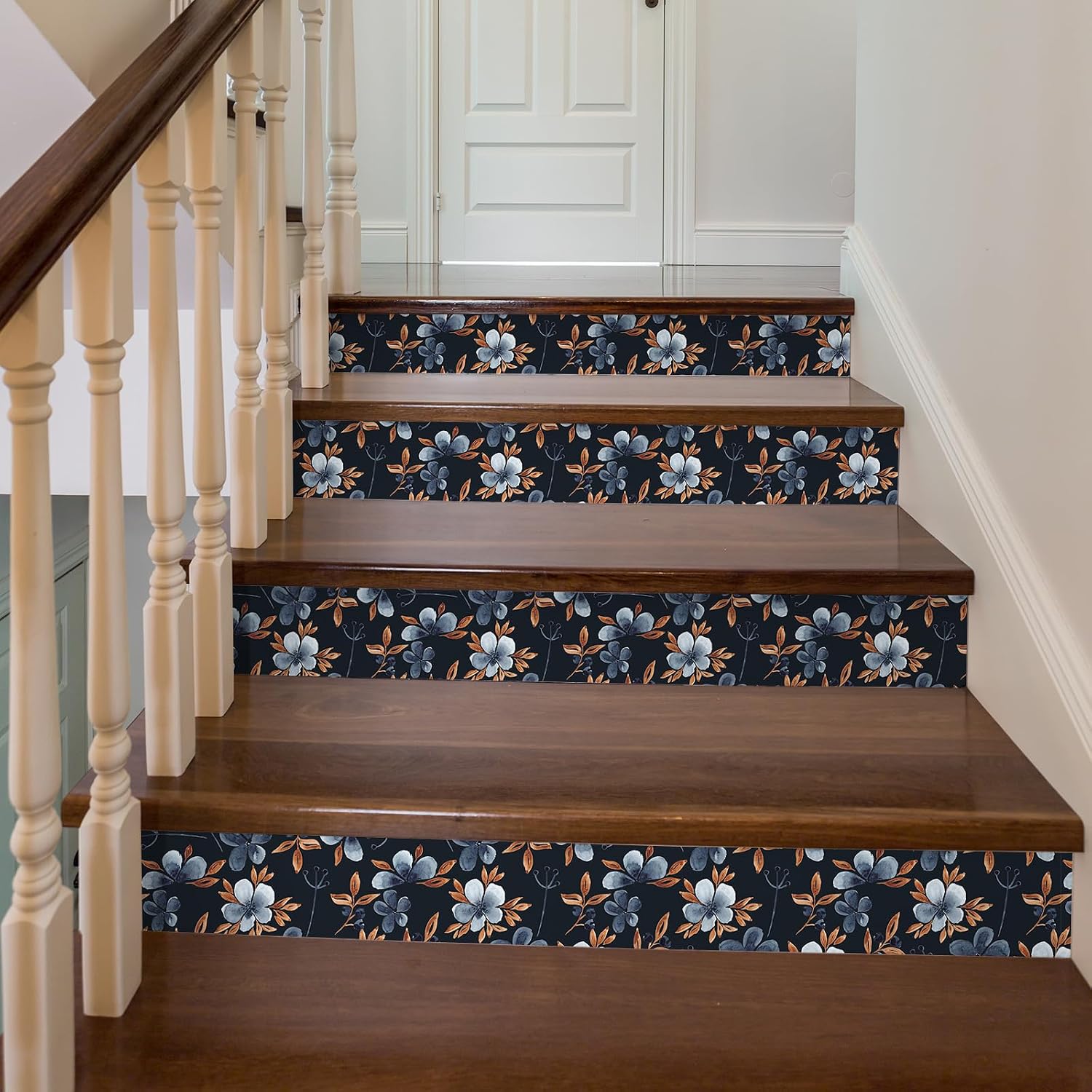 Blue Orange Floral Wallpaper Peel and Stick Watercolor Black Floral Vintage Wallpaper for Bedroom Removable Self Adhesive Dark Flower Contact Paper 12"x118" Sticky Decorative Wall Paper